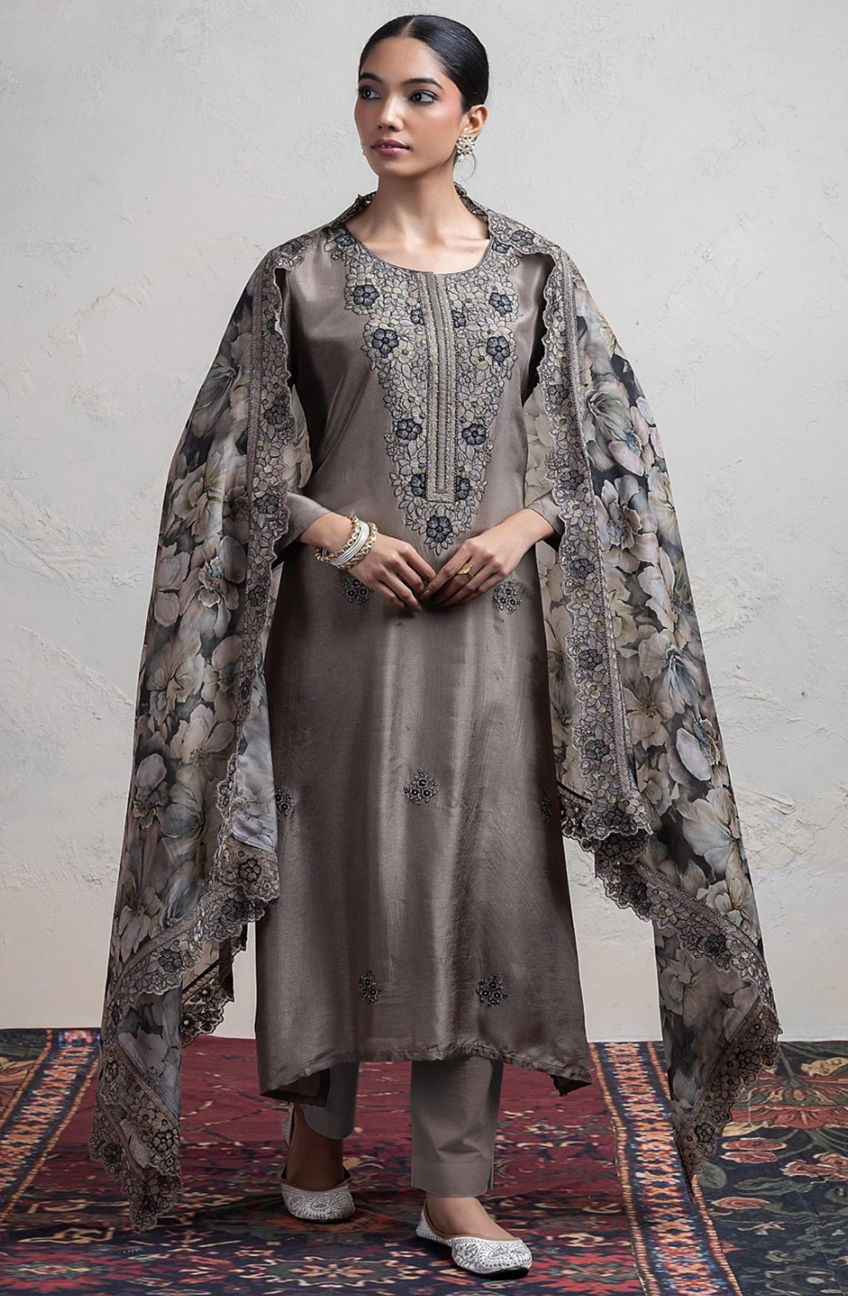 Grey Silk Suit Set with Organza Silk Dupatta - R157-SPR2410A