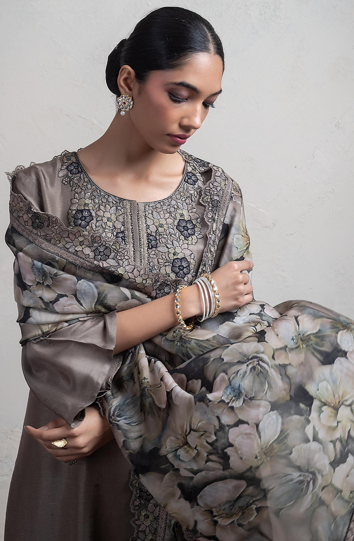 Grey Silk Suit Set with Organza Silk Dupatta - R157-SPR2410A