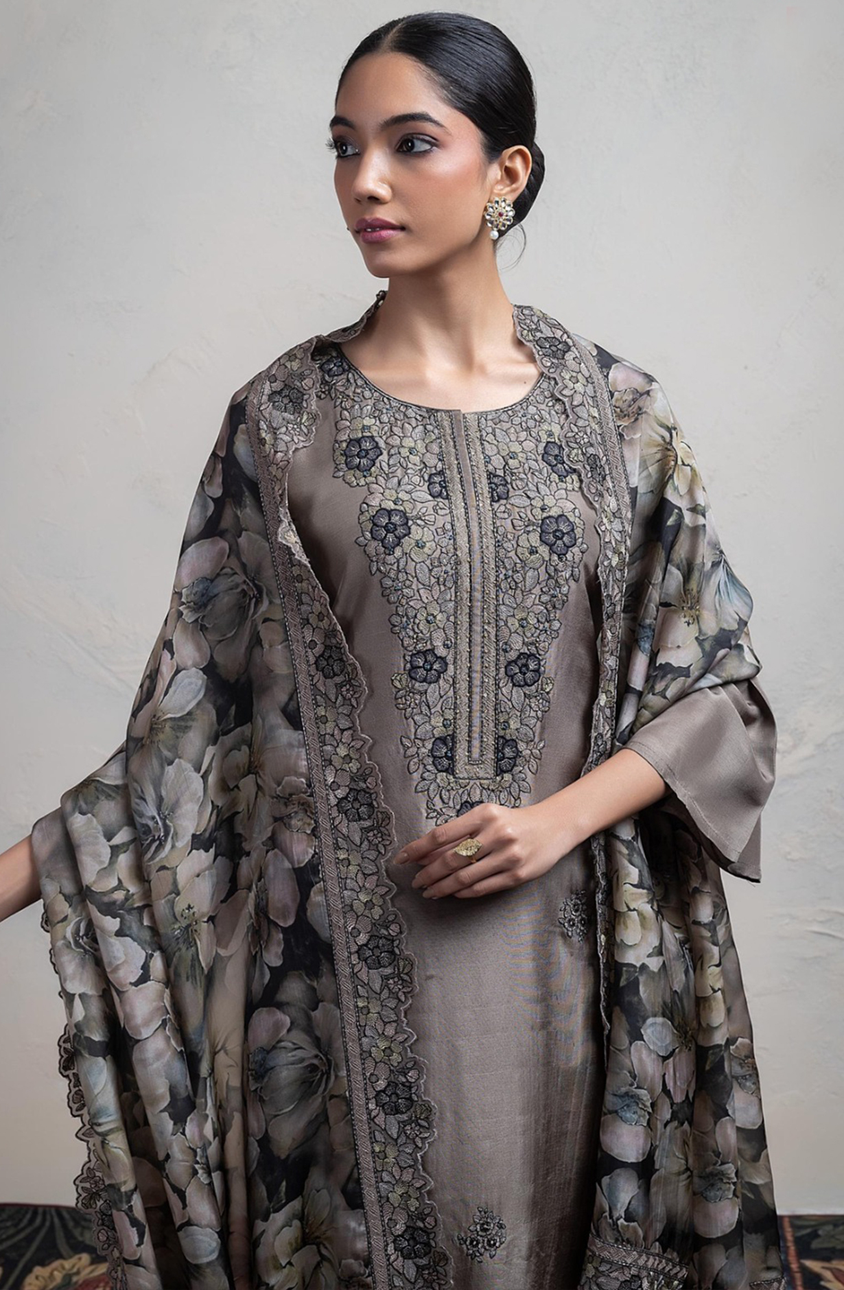 Grey Silk Suit Set with Organza Silk Dupatta - R157-SPR2410A