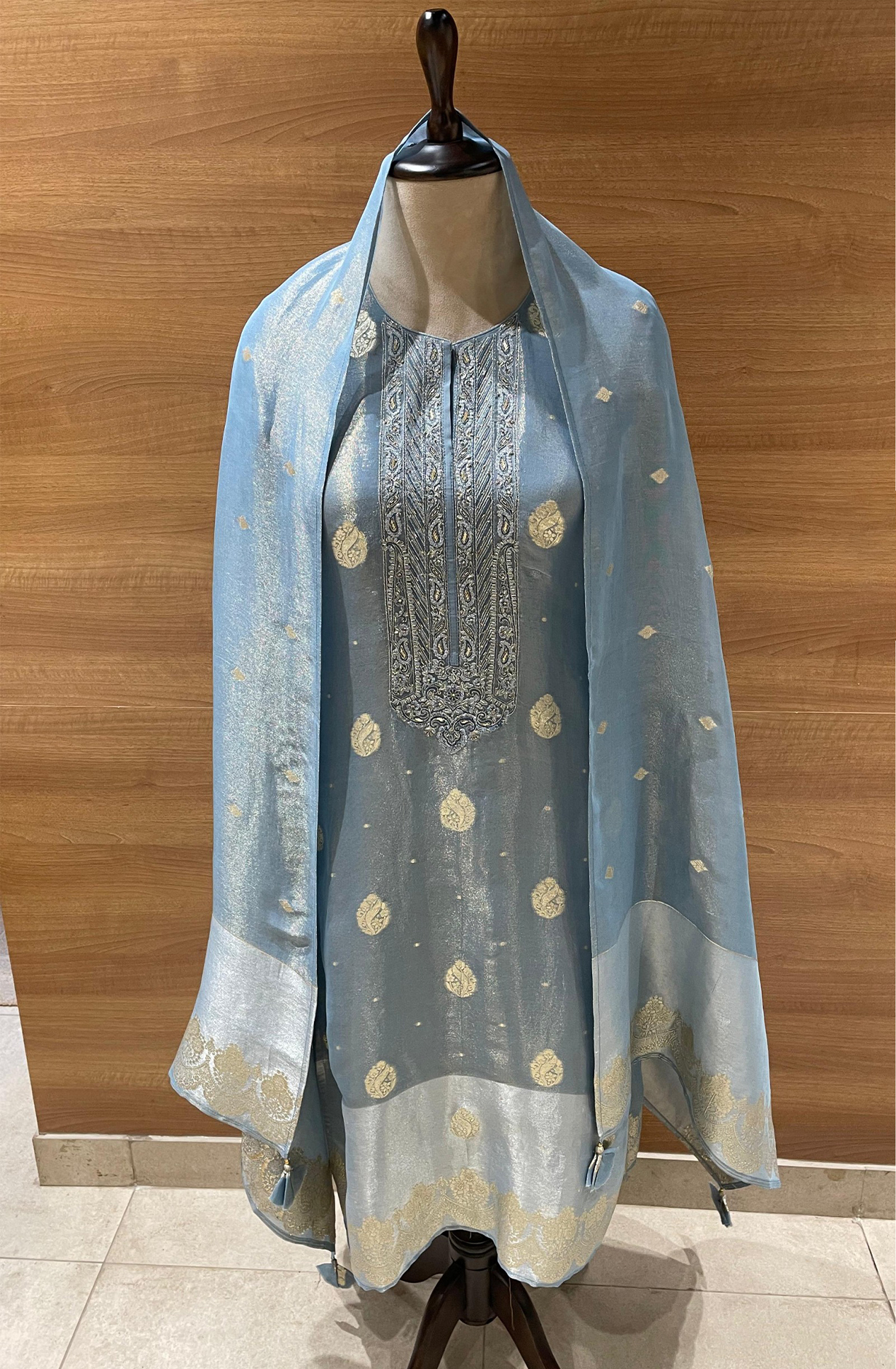 Blue Silk Tissue Suit Set with Dupatta - R157-SPR2412