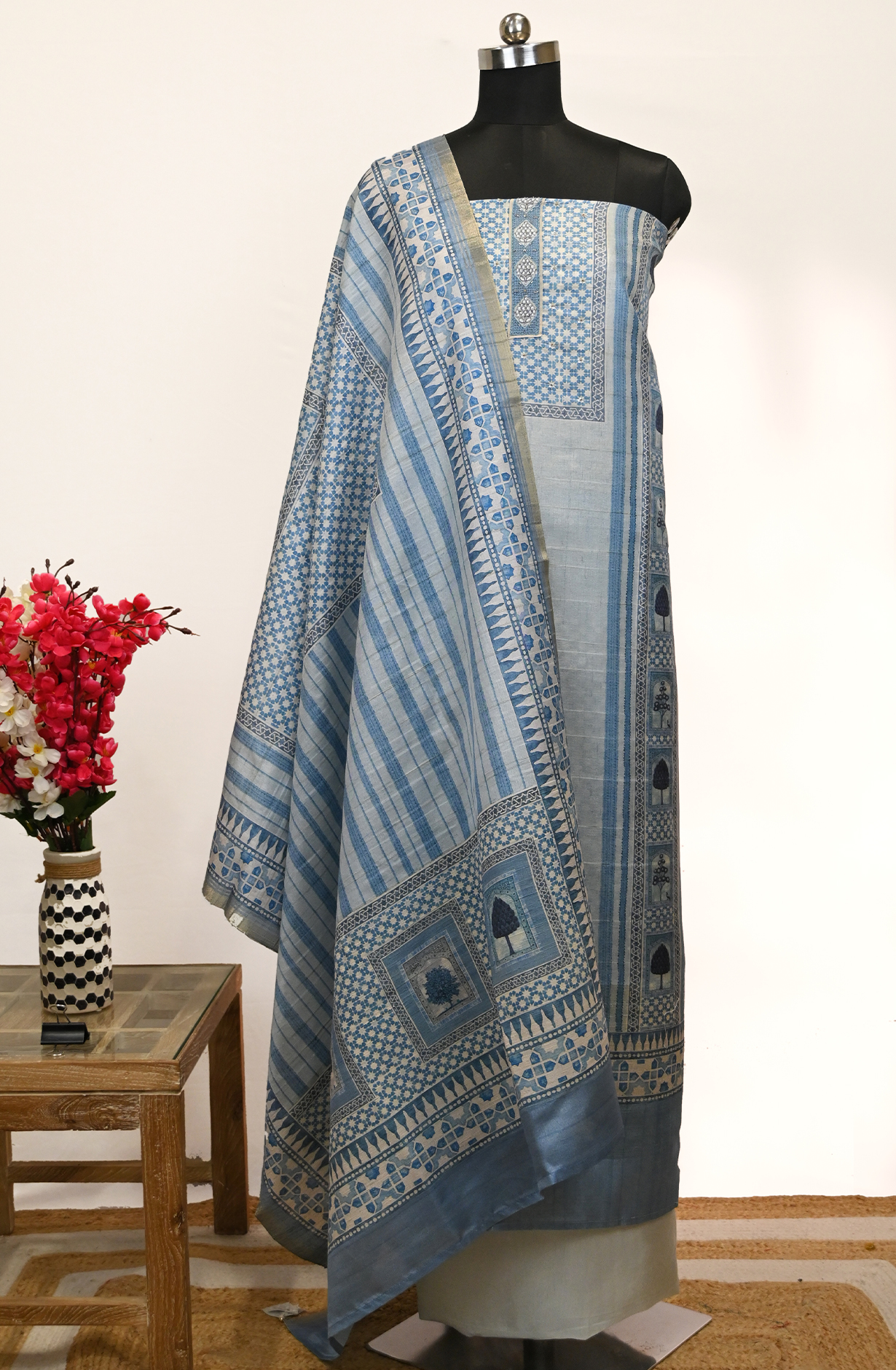 Blue Art Tussar Suit Set with Dupatta - R157-SPR2414A