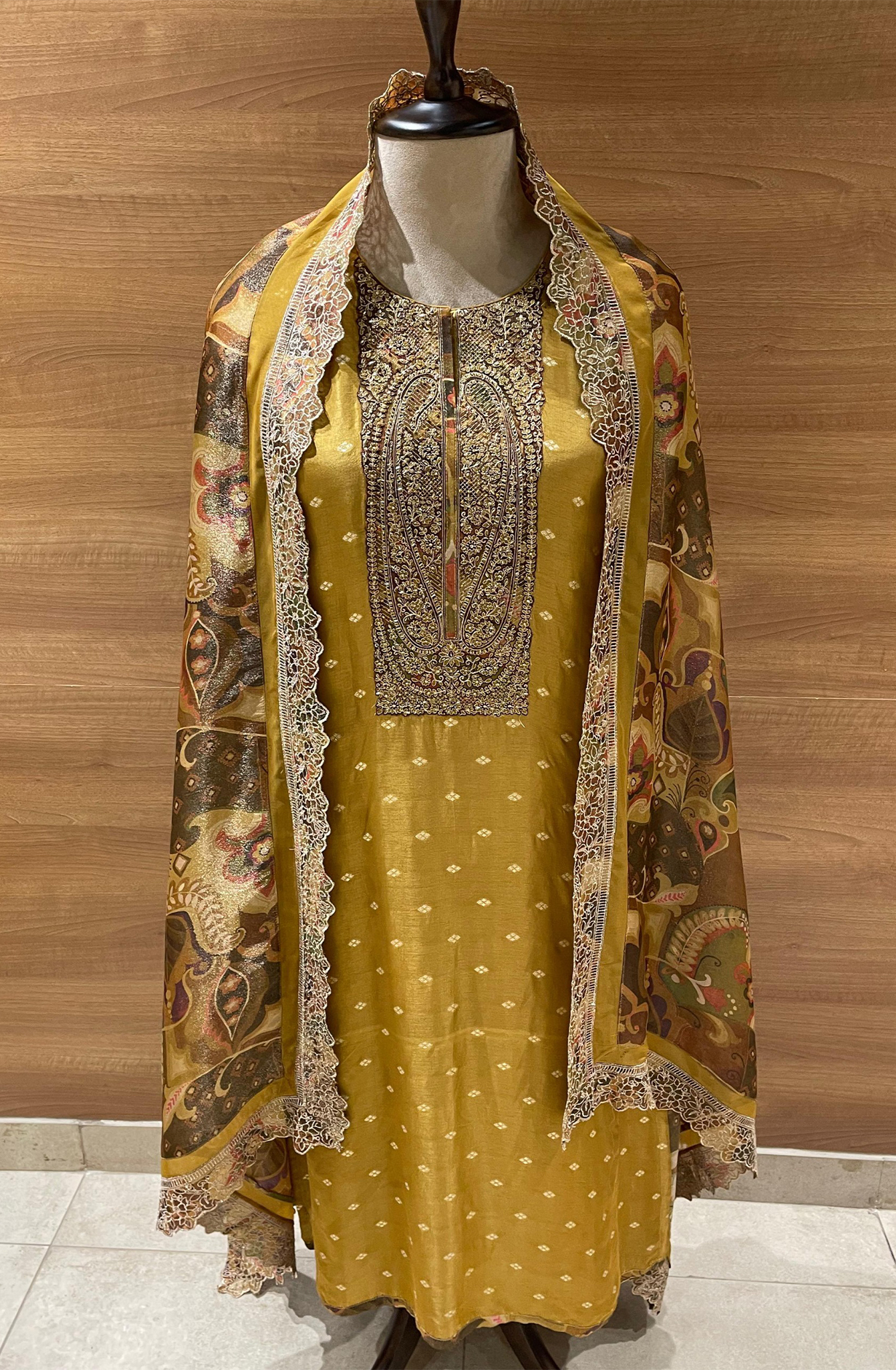 Mustard Silk Jacquard Suit Set with Silk Tissue Dupatta - R157-SPR2416