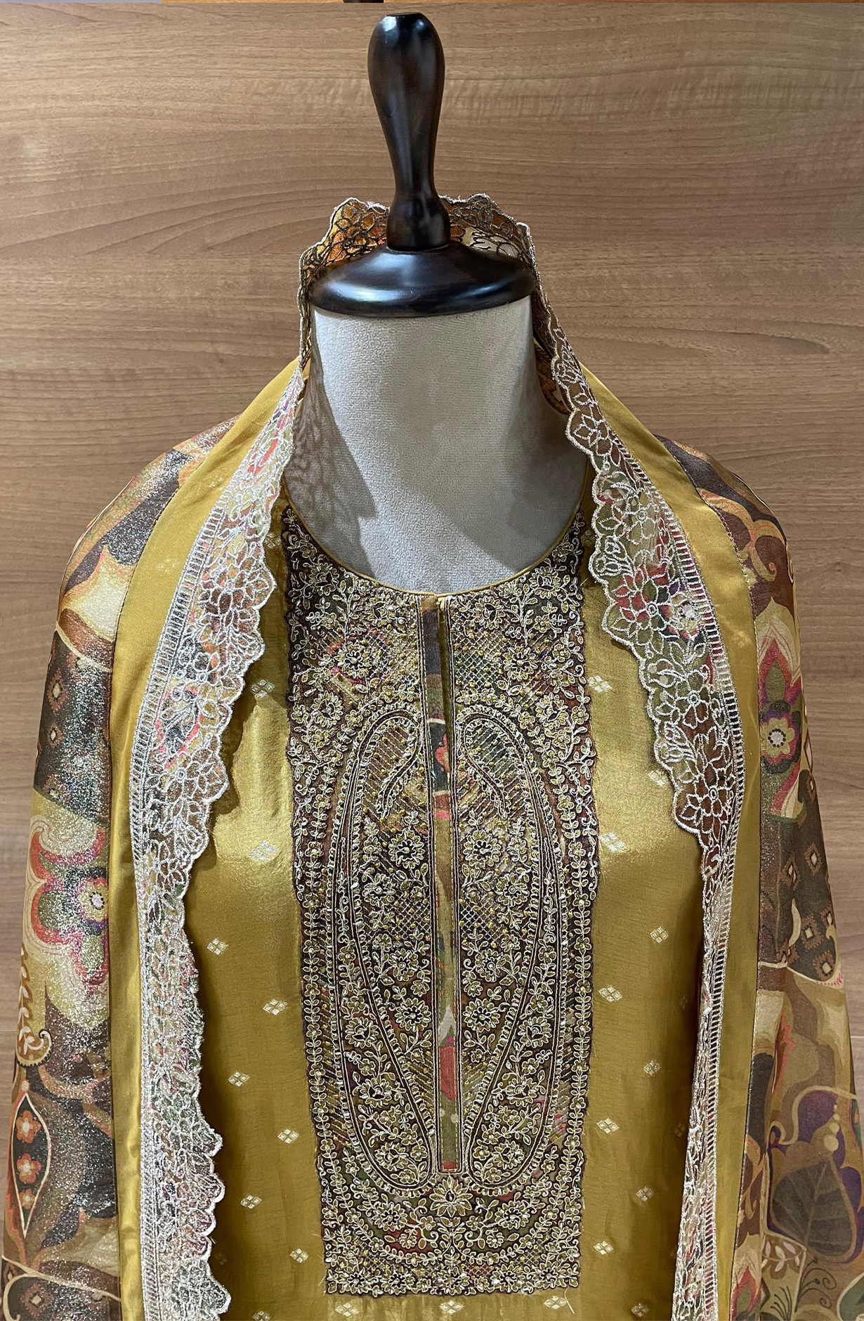 Mustard Silk Jacquard Suit Set with Silk Tissue Dupatta - R157-SPR2416