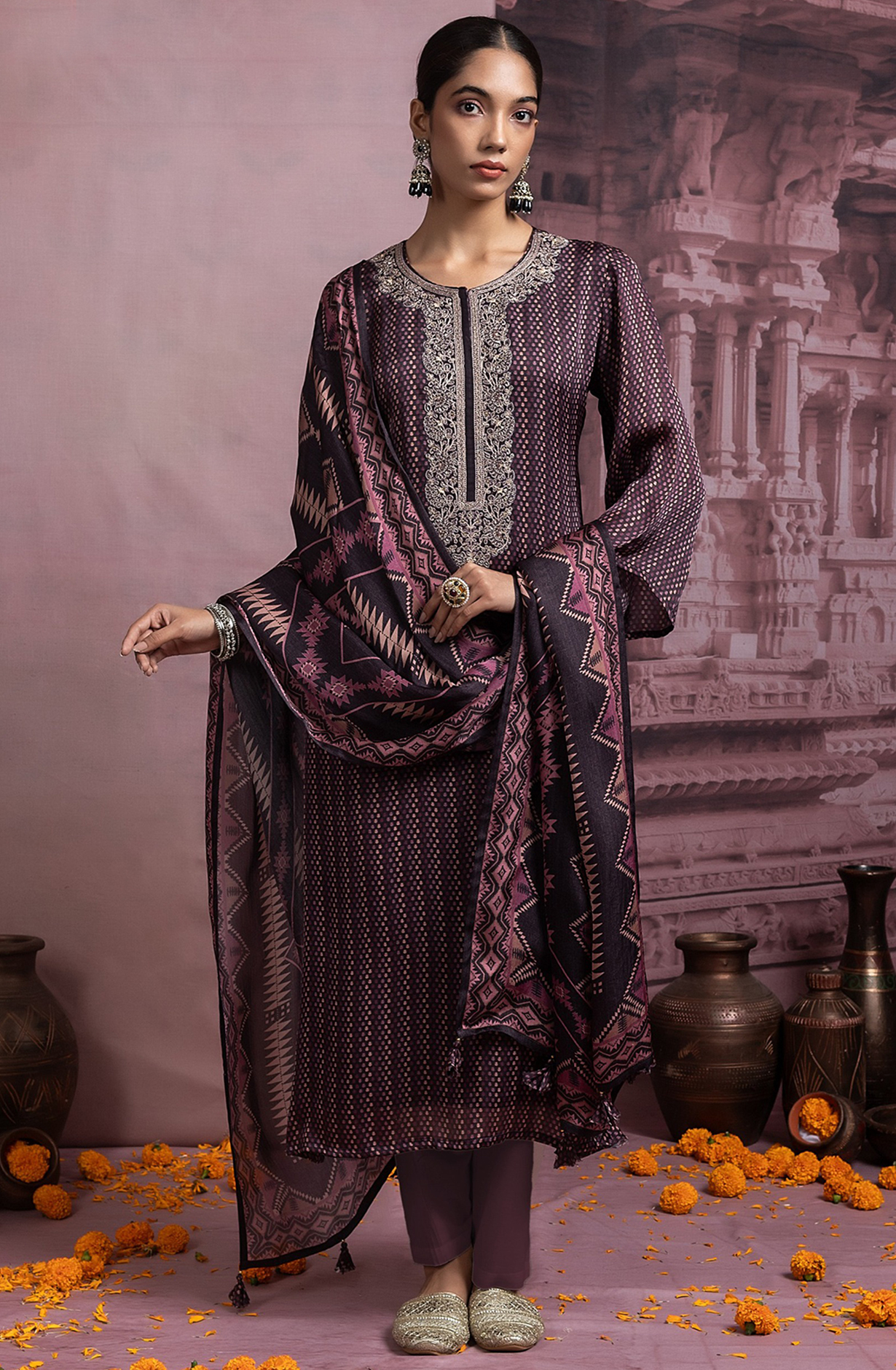 Mauve Satin Organza Suit Set with Dupatta - R157-SPR2423