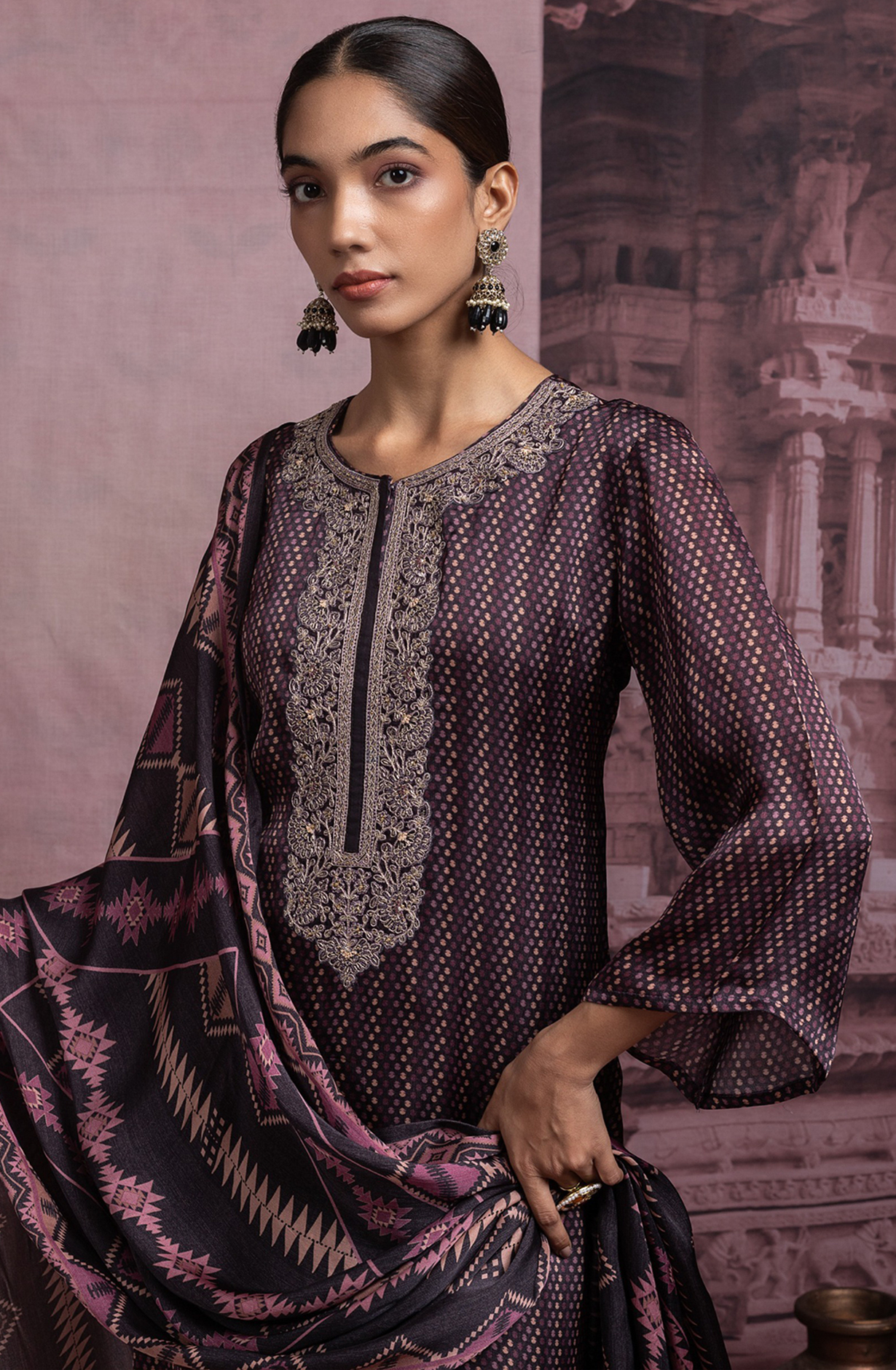 Mauve Satin Organza Suit Set with Dupatta - R157-SPR2423