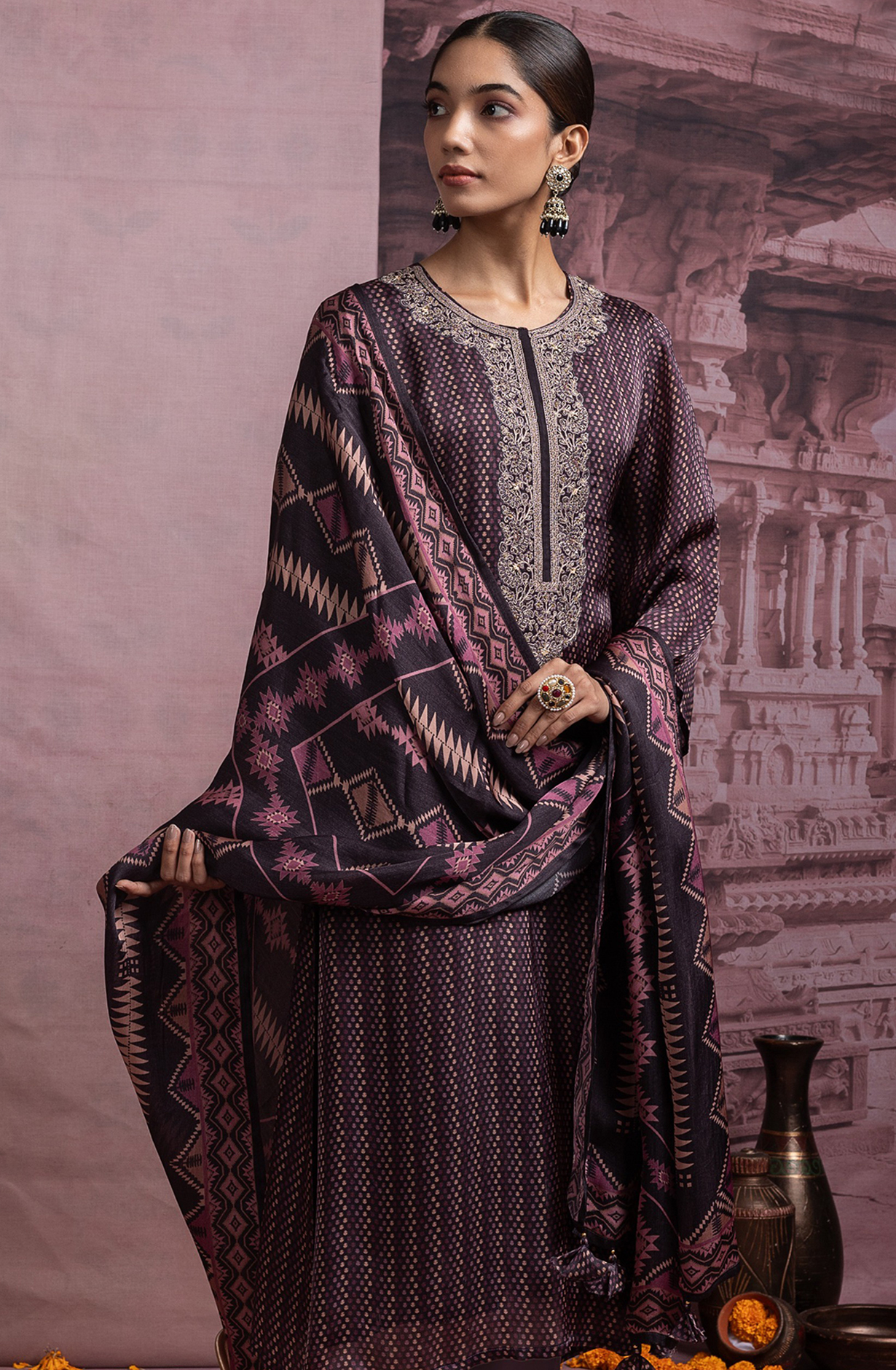 Mauve Satin Organza Suit Set with Dupatta - R157-SPR2423