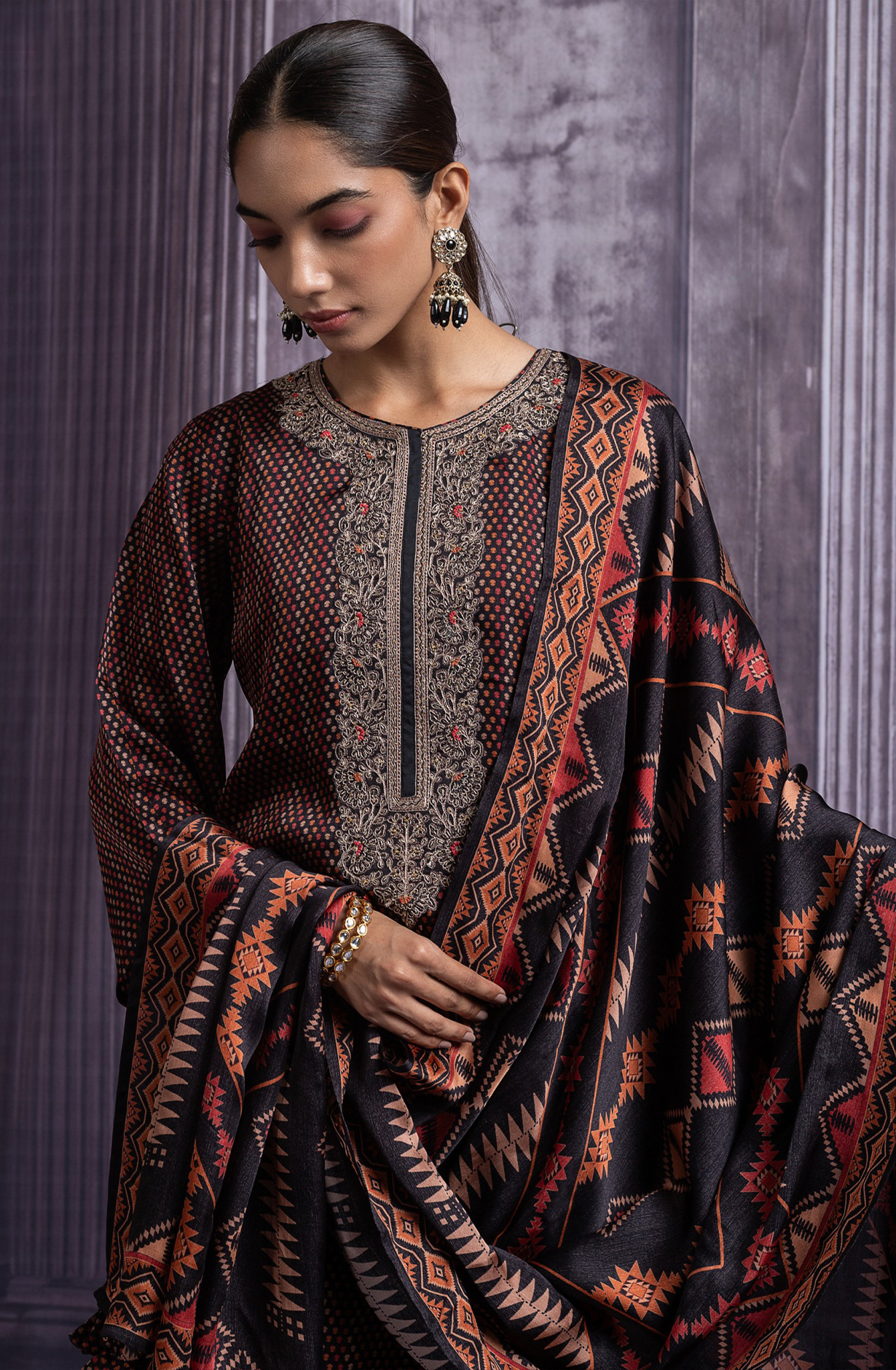 Black Satin Organza Suit Set with Spun Dupatta - R157-SPR2423A