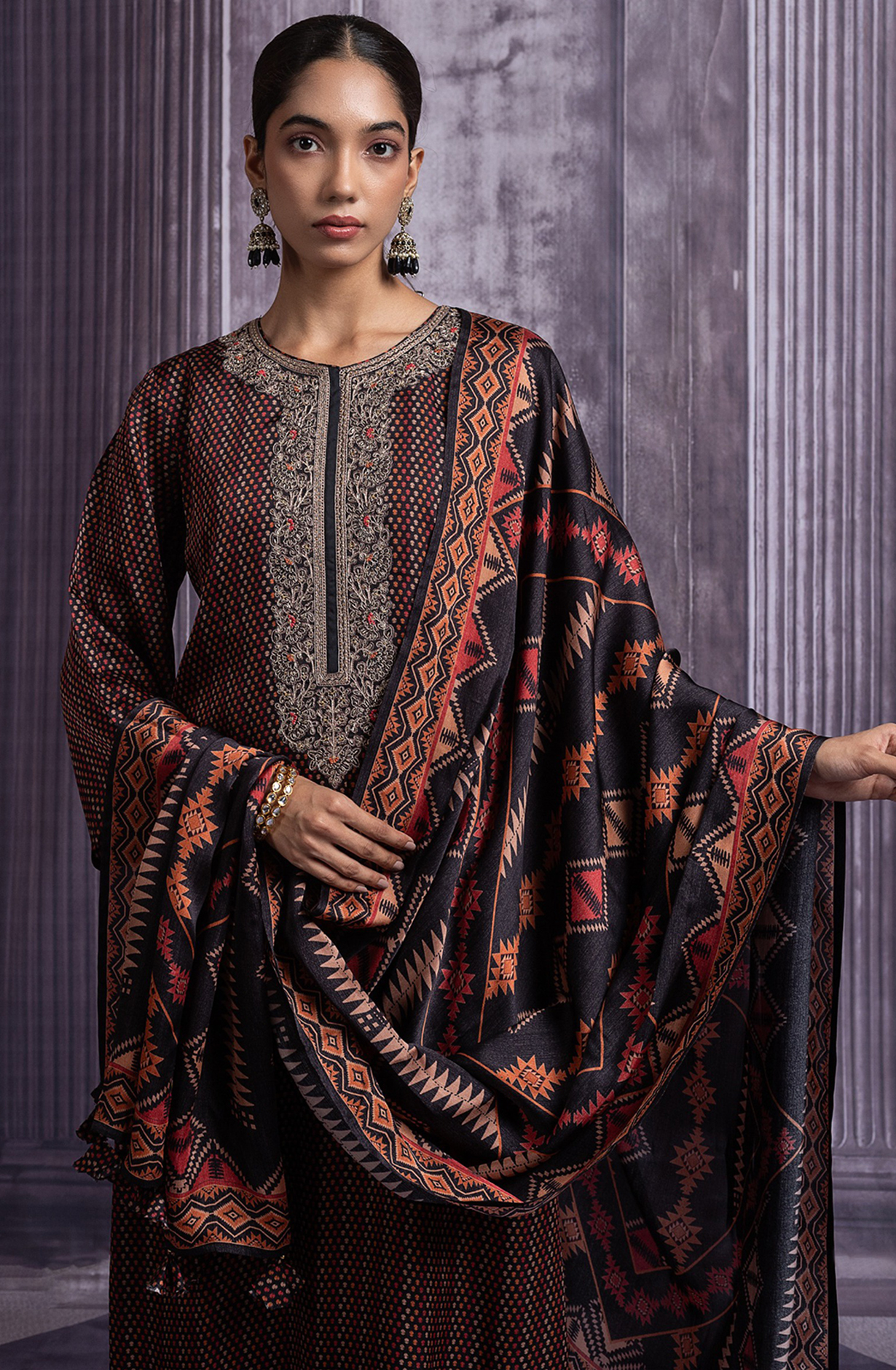 Black Satin Organza Suit Set with Spun Dupatta - R157-SPR2423A