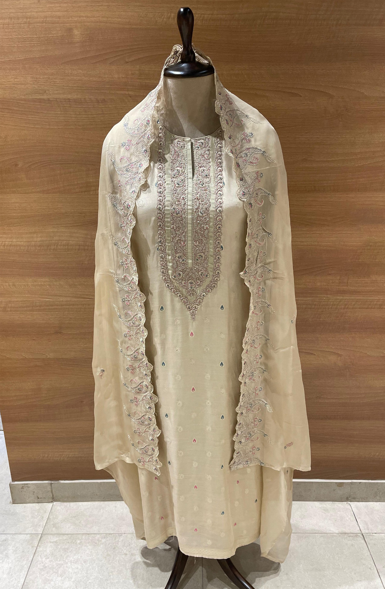 Beige Silk Jacquard Suit Set with Organza Dupatta - R157-SPR2425
