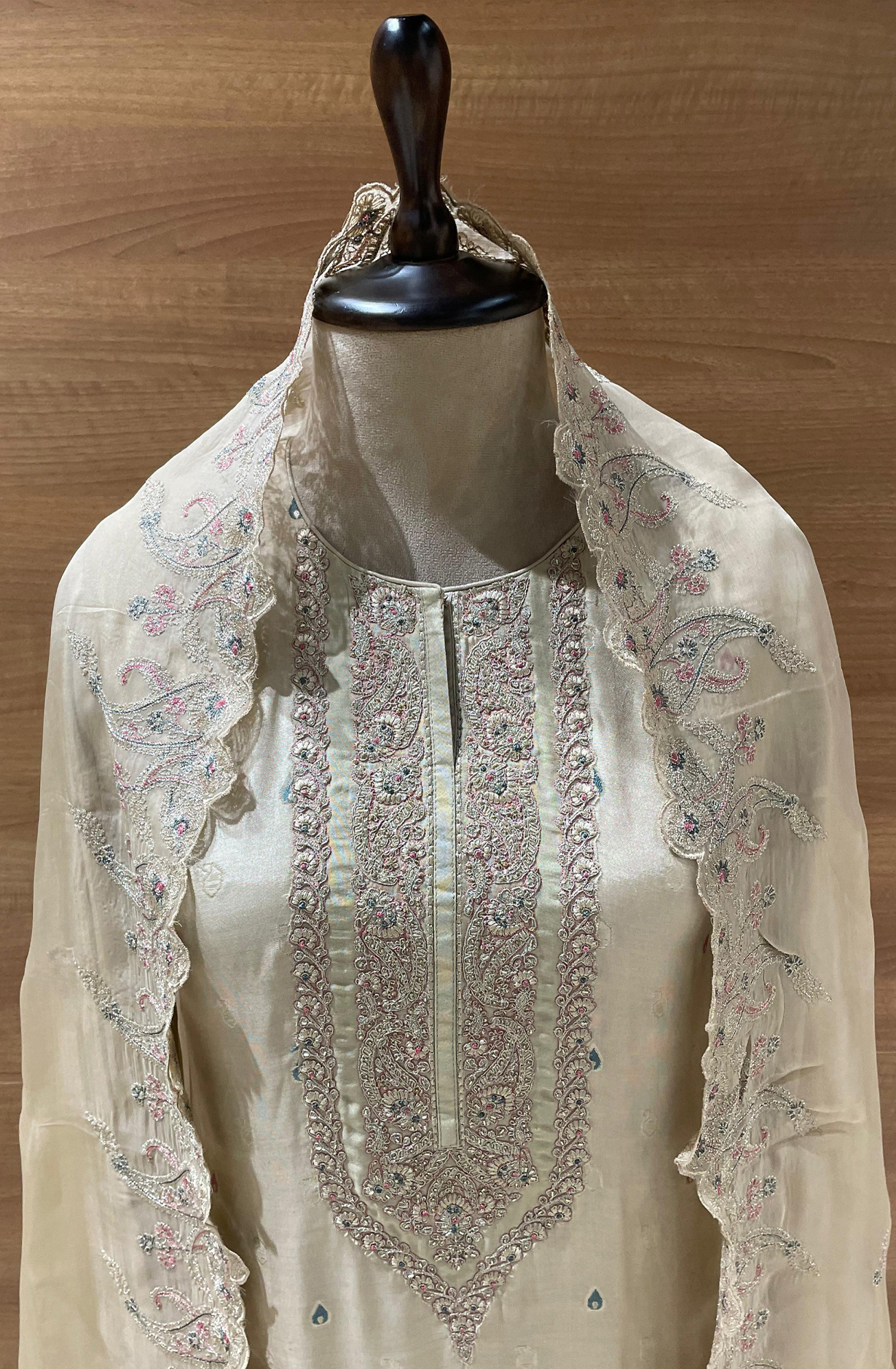 Beige Silk Jacquard Suit Set with Organza Dupatta - R157-SPR2425