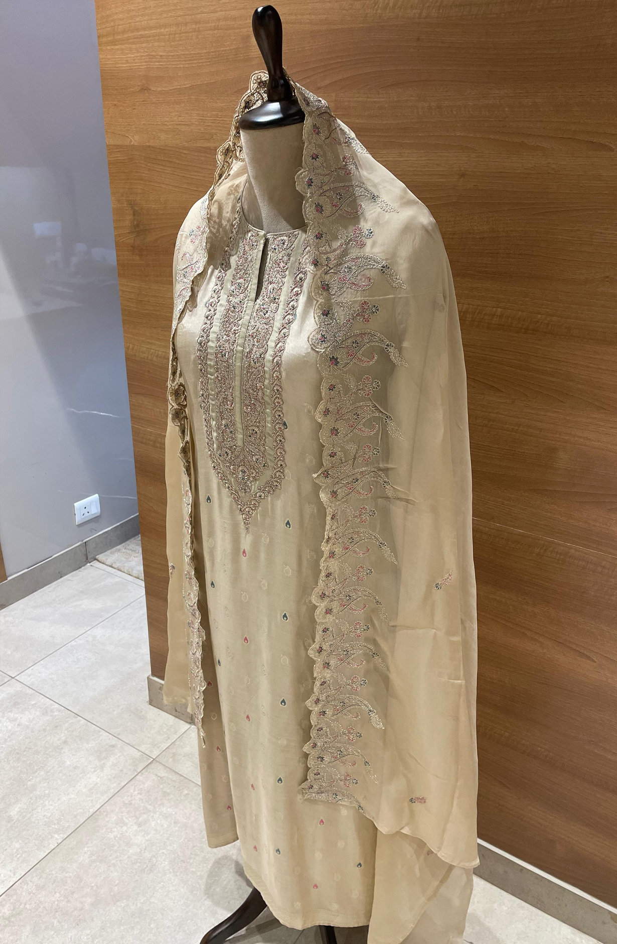 Beige Silk Jacquard Suit Set with Organza Dupatta - R157-SPR2425