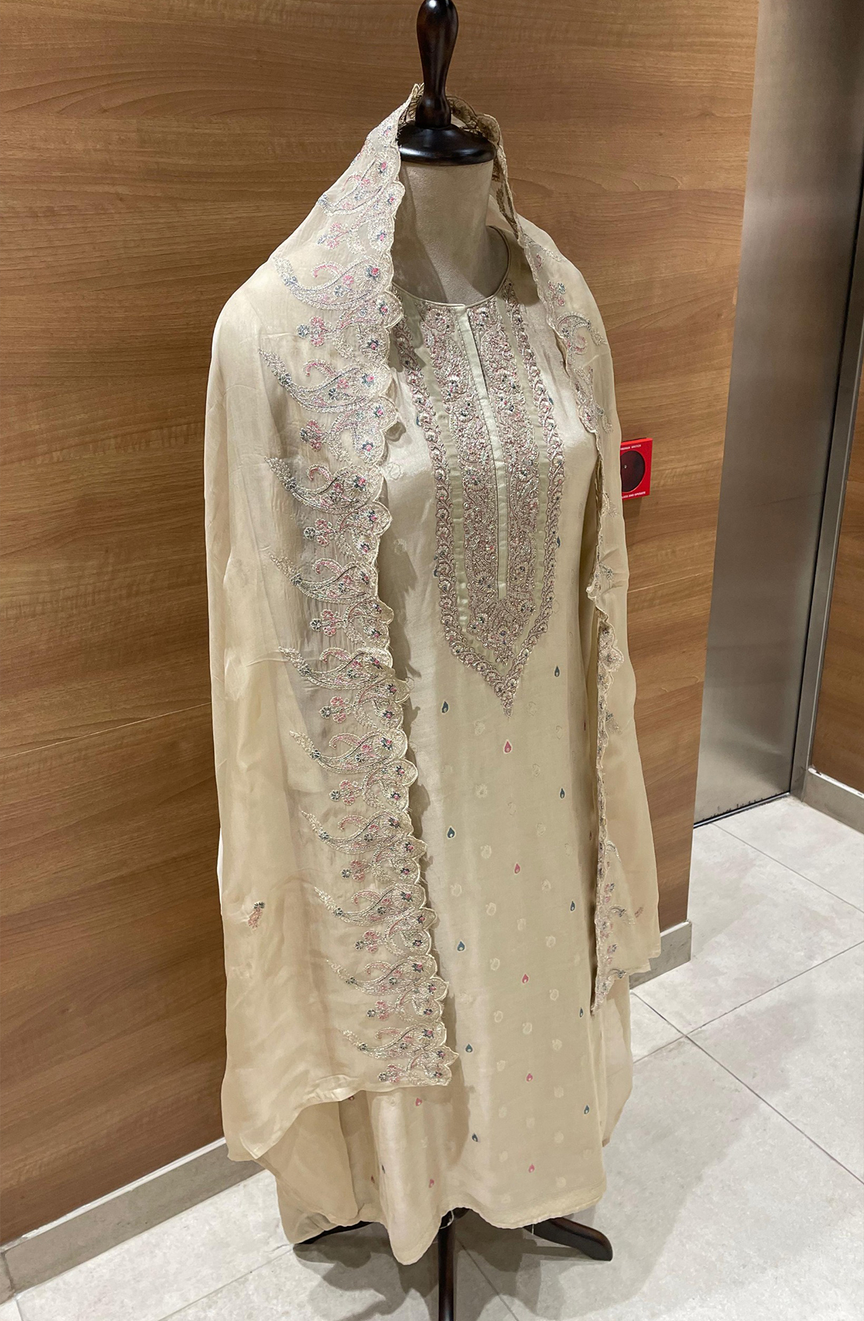 Beige Silk Jacquard Suit Set with Organza Dupatta - R157-SPR2425