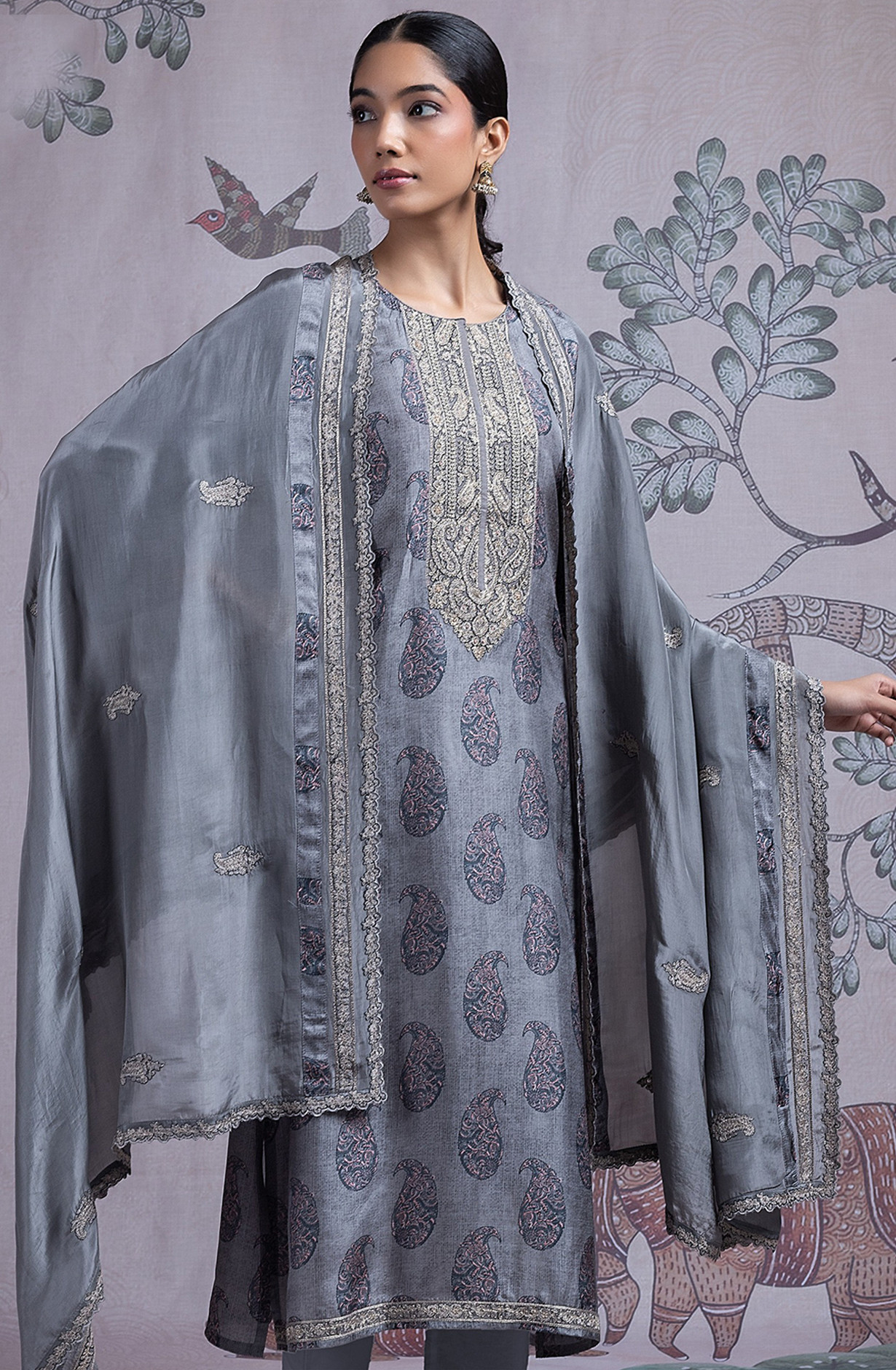 Grey Ho Silk Unstitch Suit Set with Dupatta - RI57-SPR2433