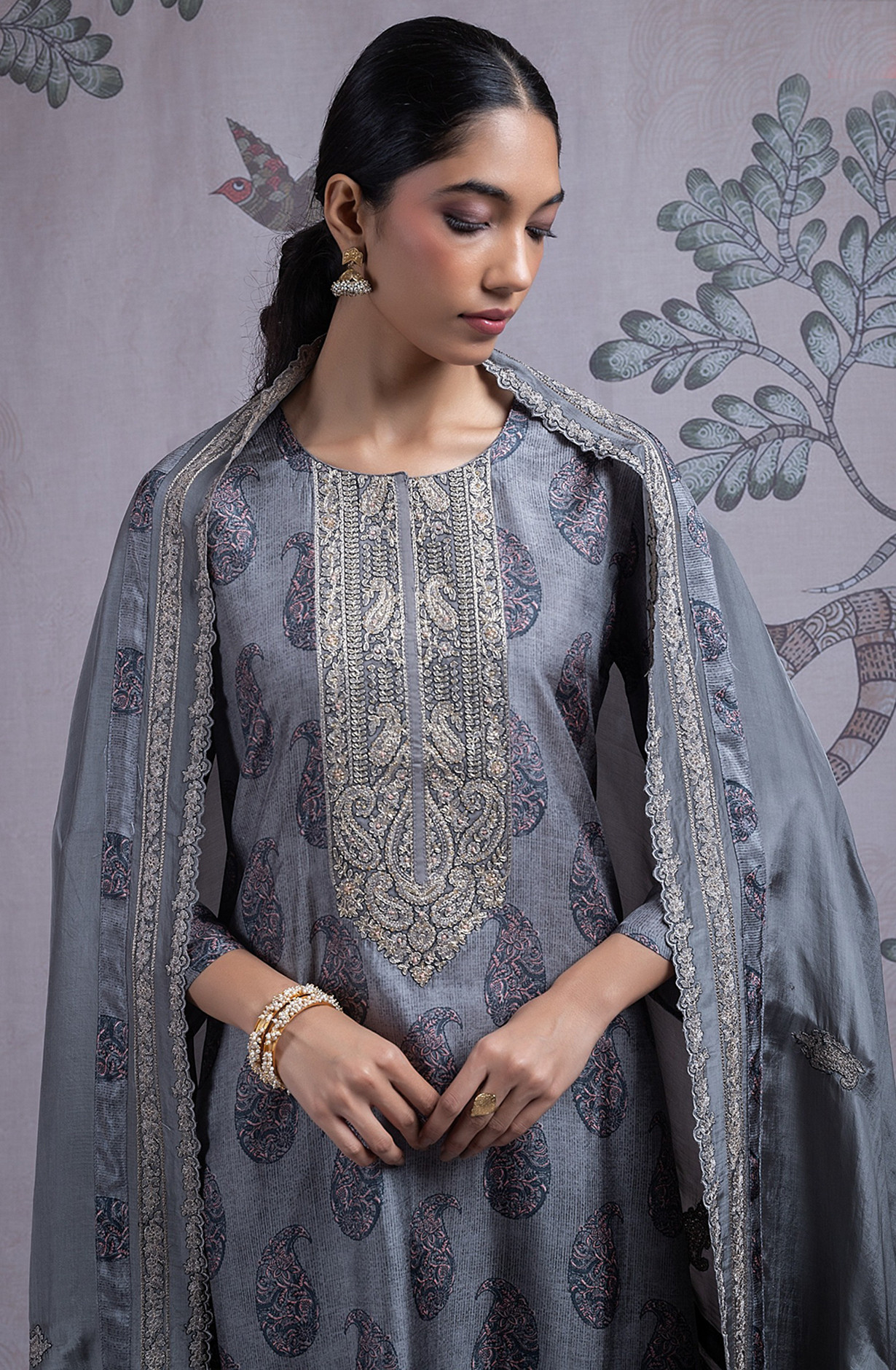 Grey Ho Silk Unstitch Suit Set with Dupatta - RI57-SPR2433