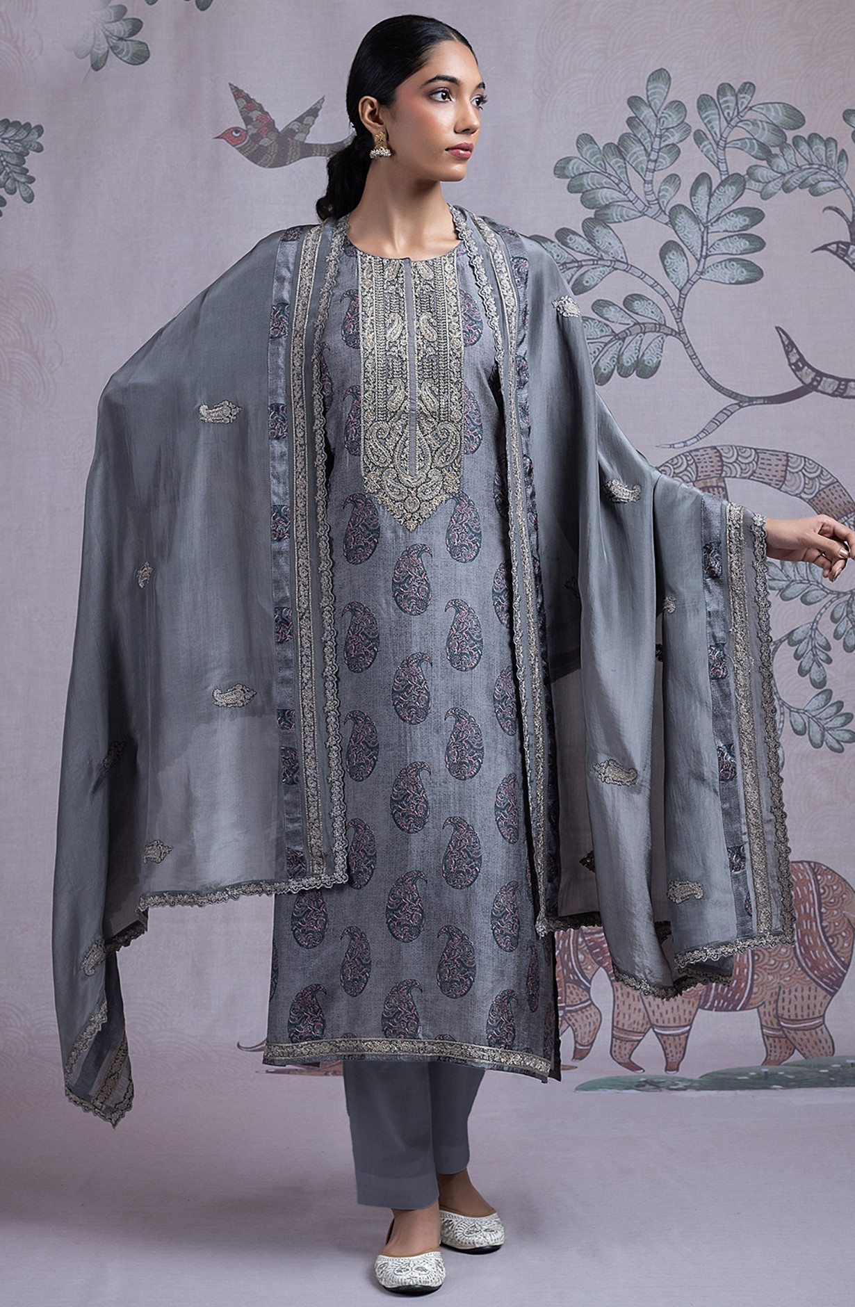 Grey Ho Silk Unstitch Suit Set with Dupatta - RI57-SPR2433