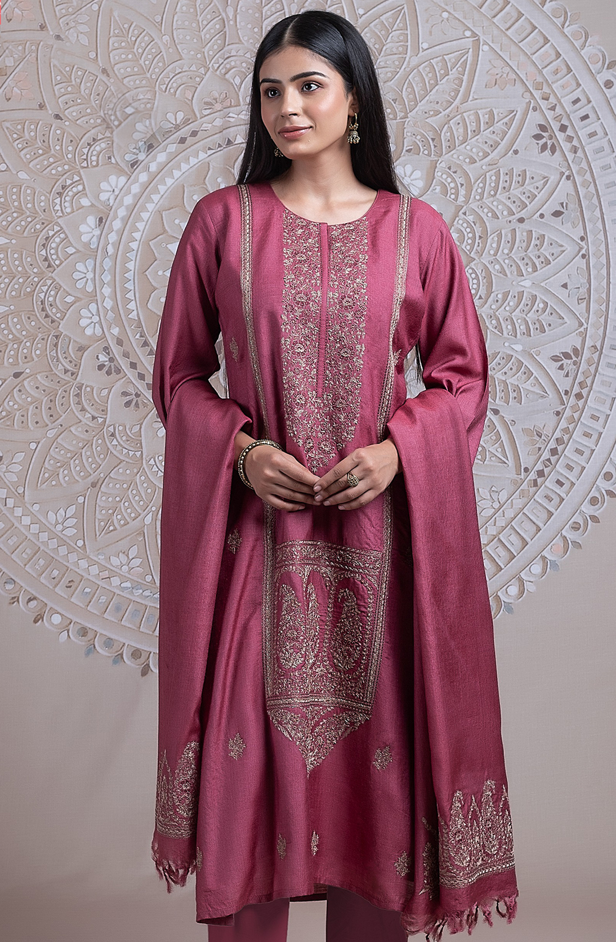 Mauve Pure Monga Tusser Silk Suit Set with Dupatta - R157-SPR2436