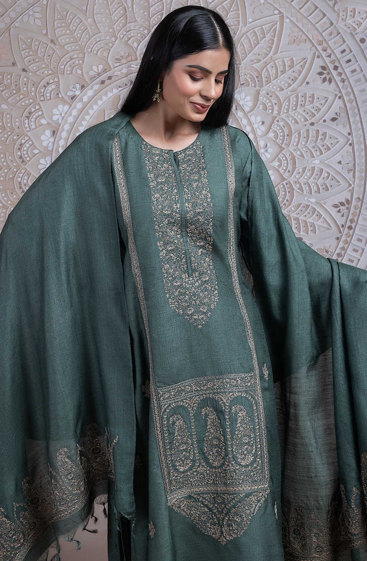 Green Pure Monga Tusser Silk Suit Set with Dupatta - R157-SPR2436A