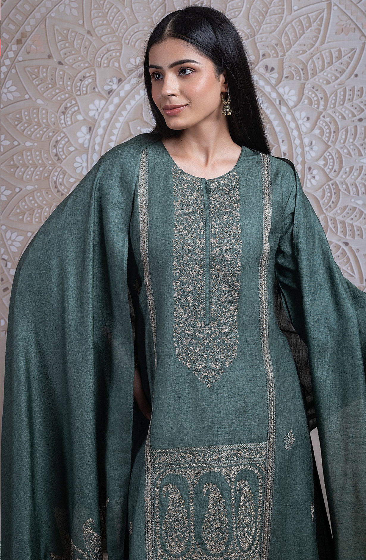 Green Pure Monga Tusser Silk Suit Set with Dupatta - R157-SPR2436A