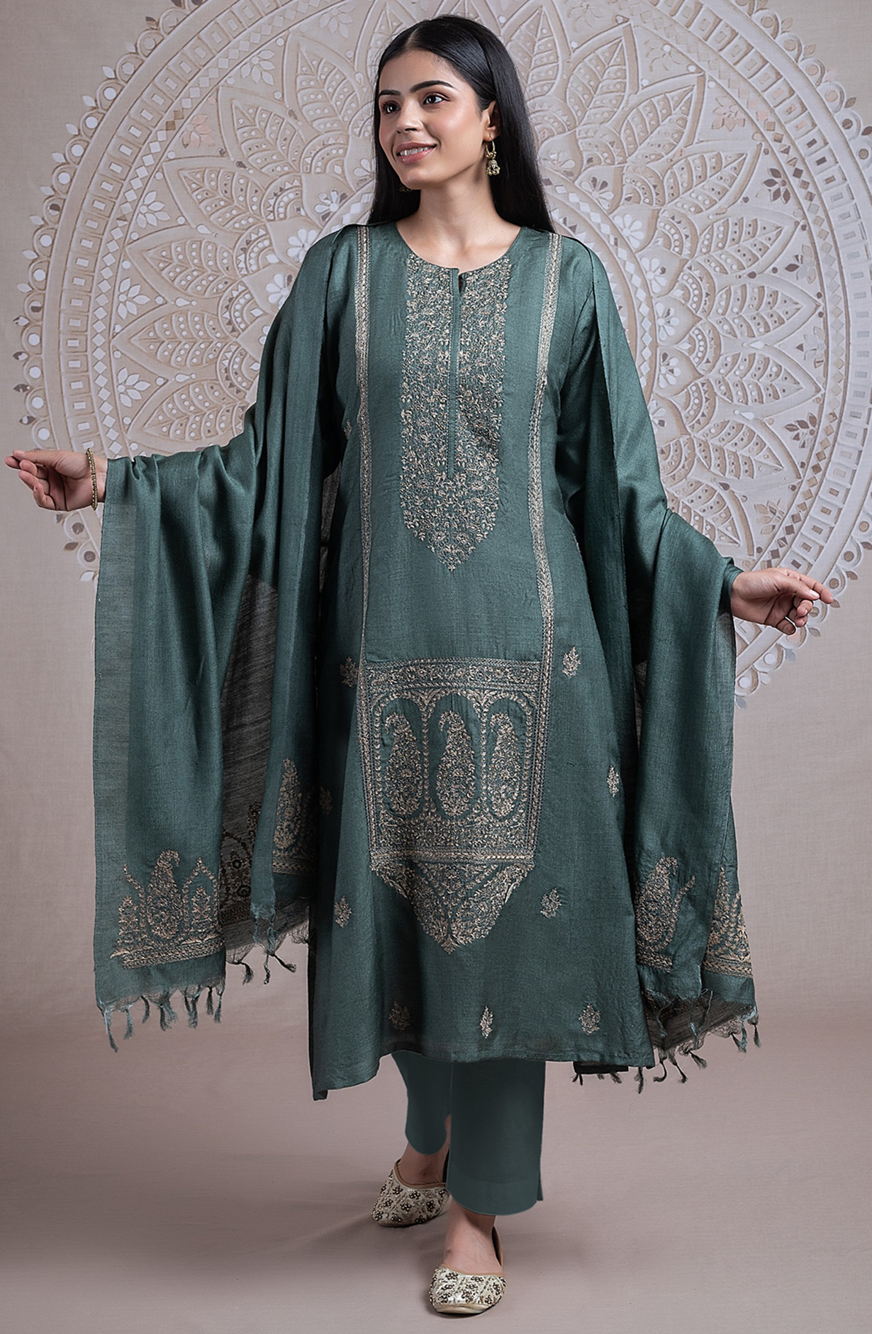 Green Pure Monga Tusser Silk Suit Set with Dupatta - R157-SPR2436A
