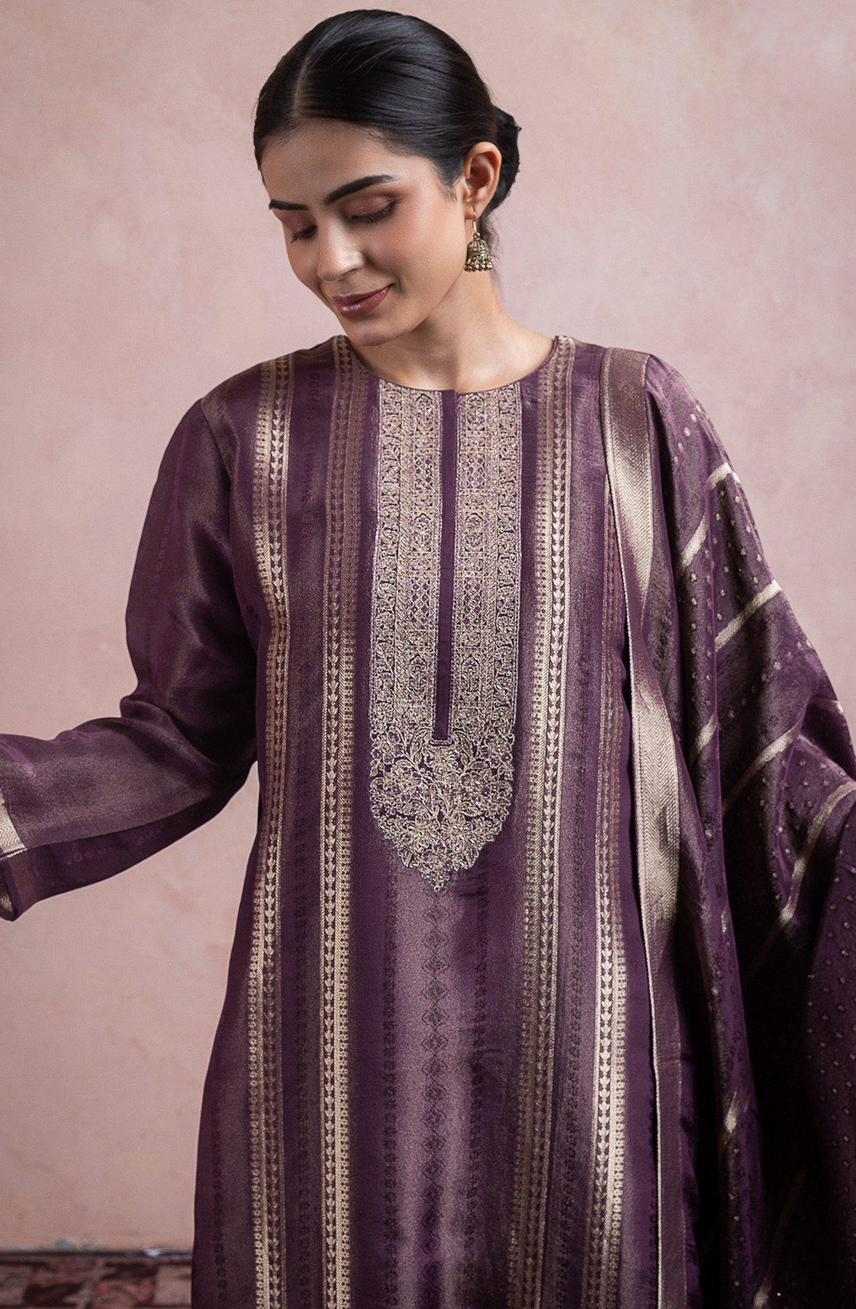 Purple Tissue Silk Jacquard Suit Set with Dupatta - R157-SPR2459B