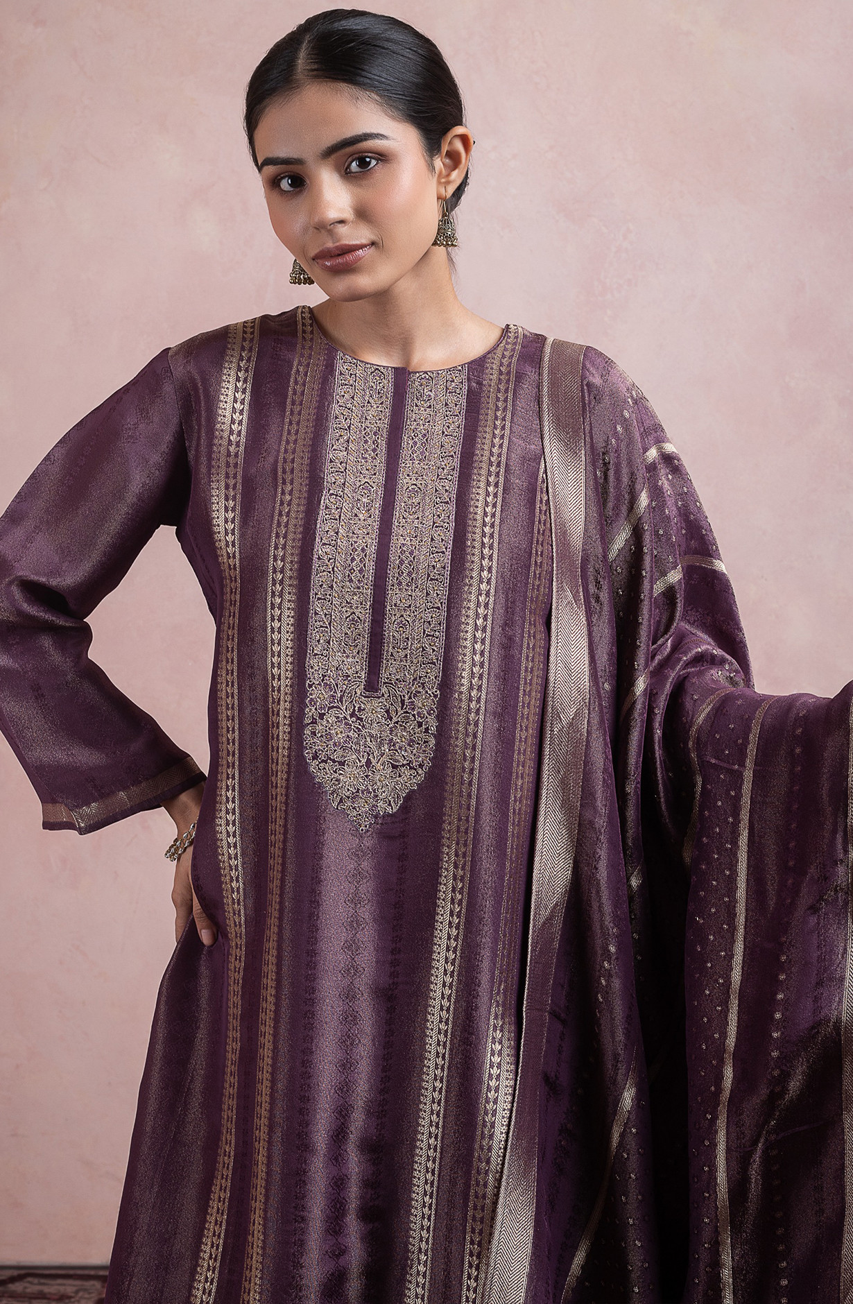 Purple Tissue Silk Jacquard Suit Set with Dupatta - R57-SPR2459B
