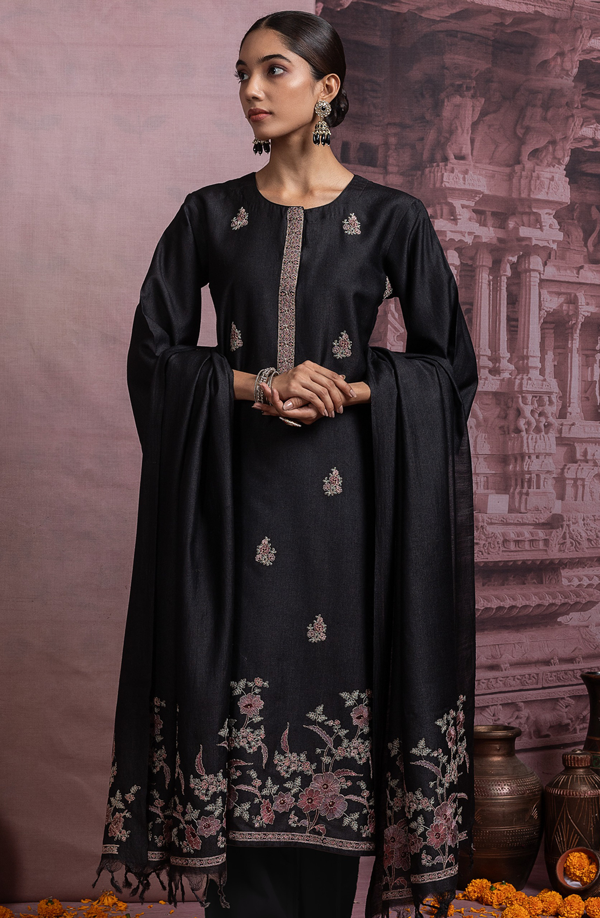 Black Pure Monga Tusser Silk Suit Set with Dupatta - R157-SPR2461