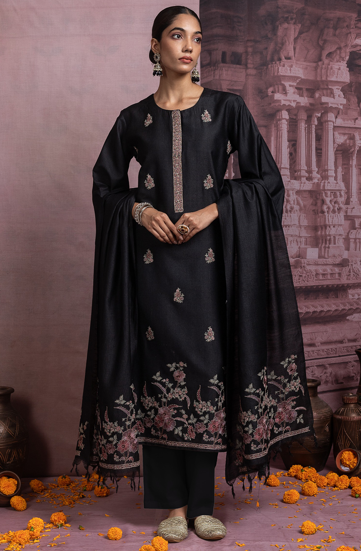 Black Pure Monga Tusser Silk Suit Set with Dupatta - R157-SPR2461