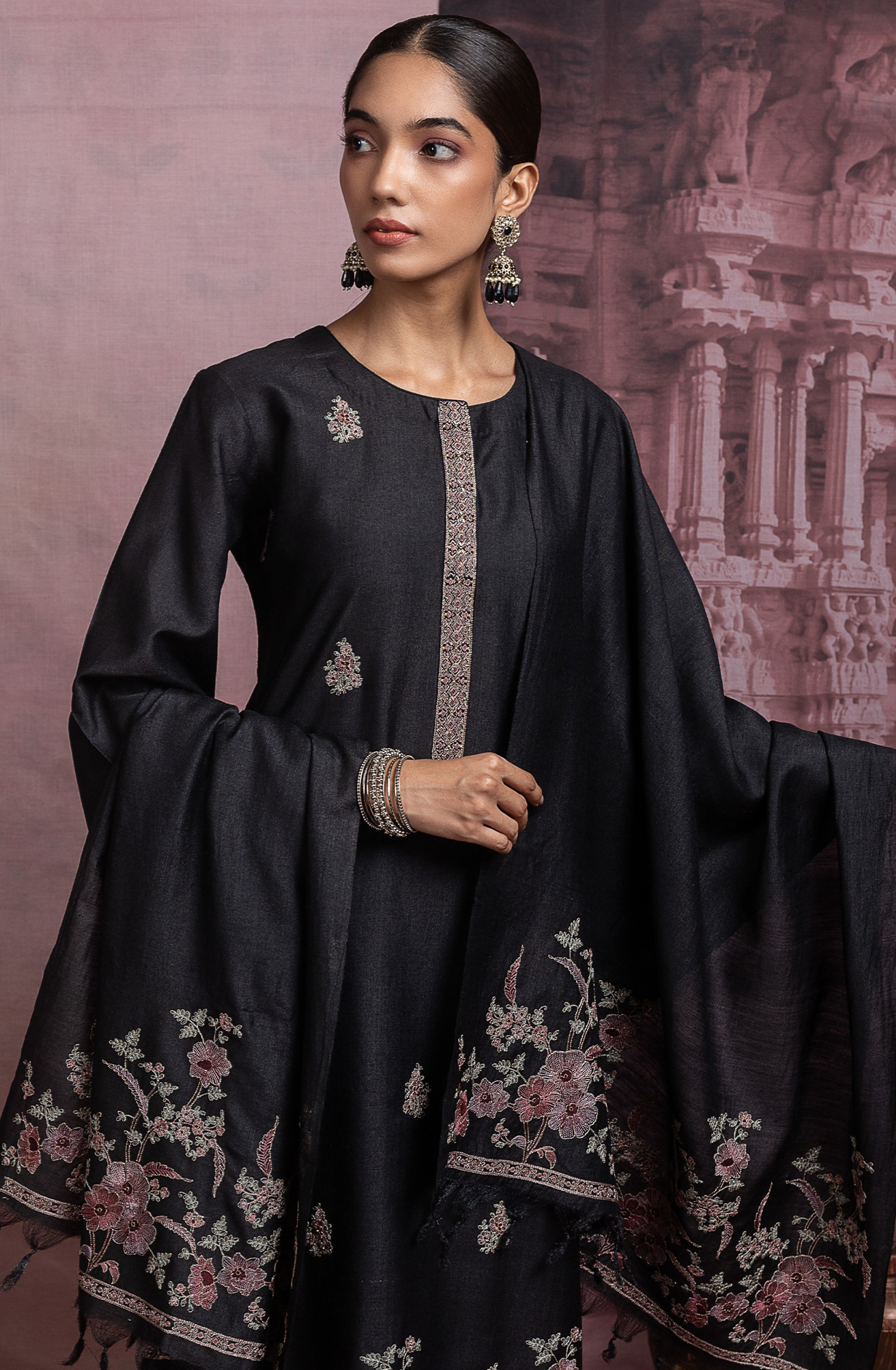 Black Pure Monga Tusser Silk Suit Set with Dupatta - R157-SPR2461
