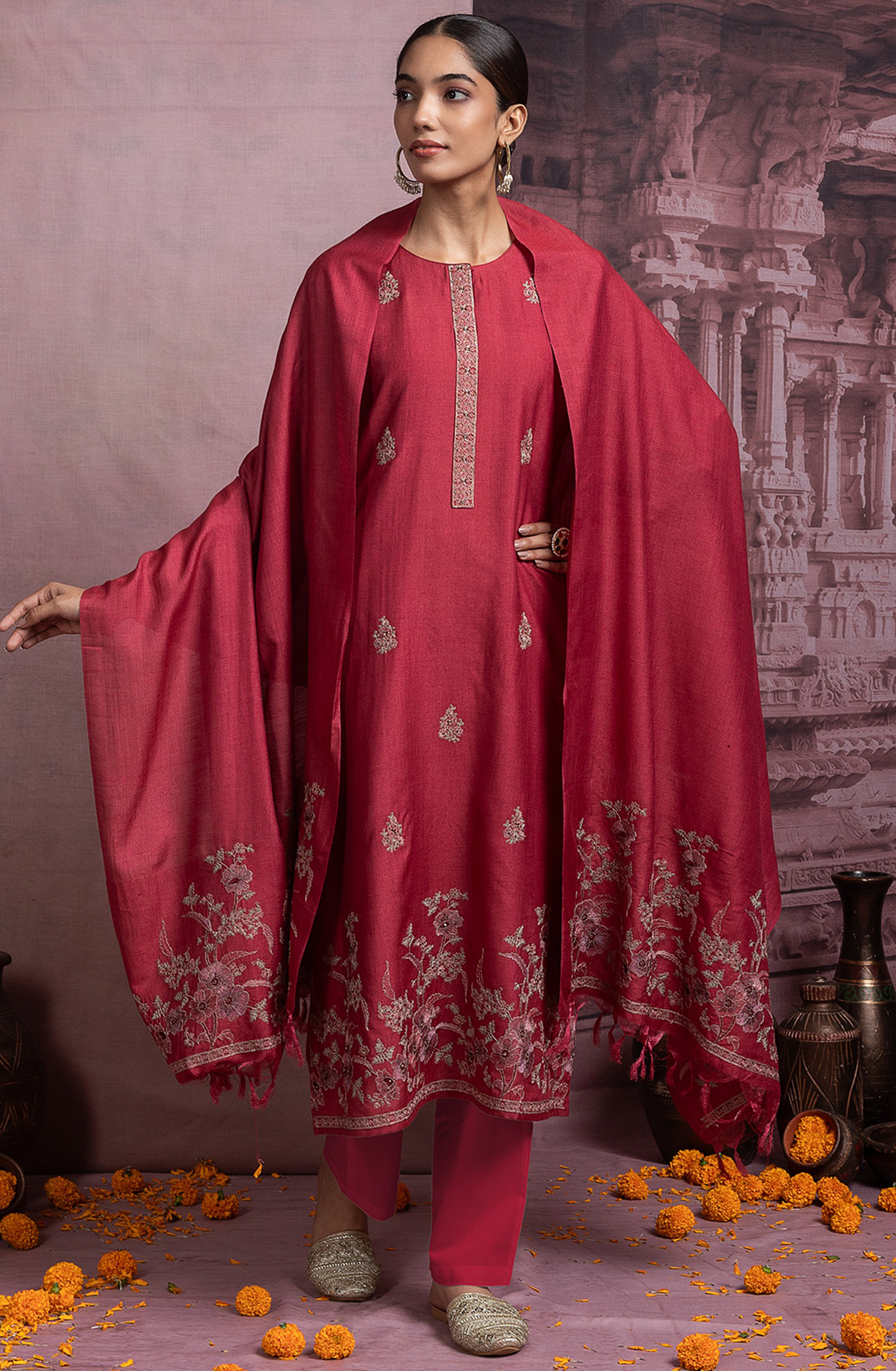 Maroon Pure Monga Tusser Silk Suit Set with Dupatta - R157-SPR2461A