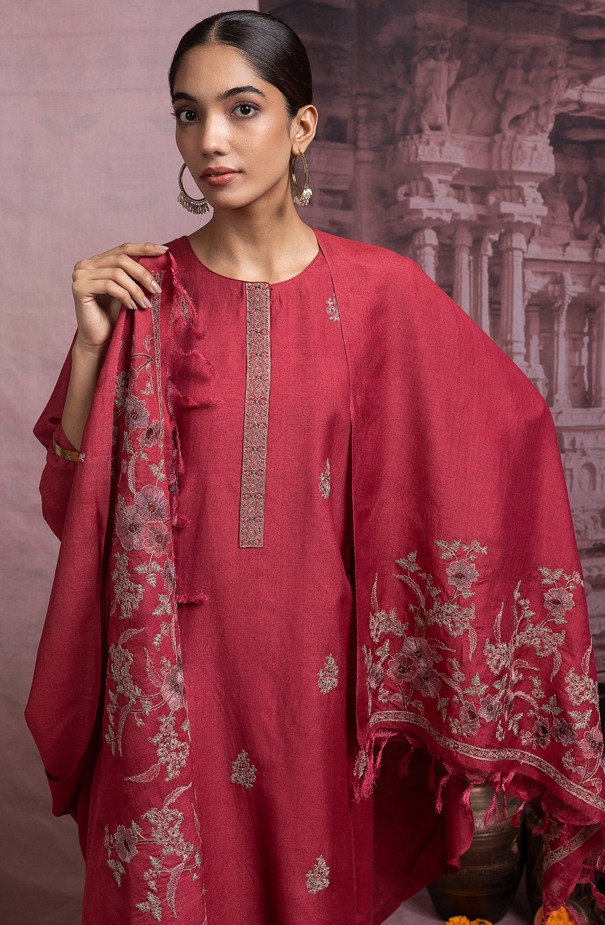 Maroon Pure Monga Tusser Silk Suit Set with Dupatta - R157-SPR2461A