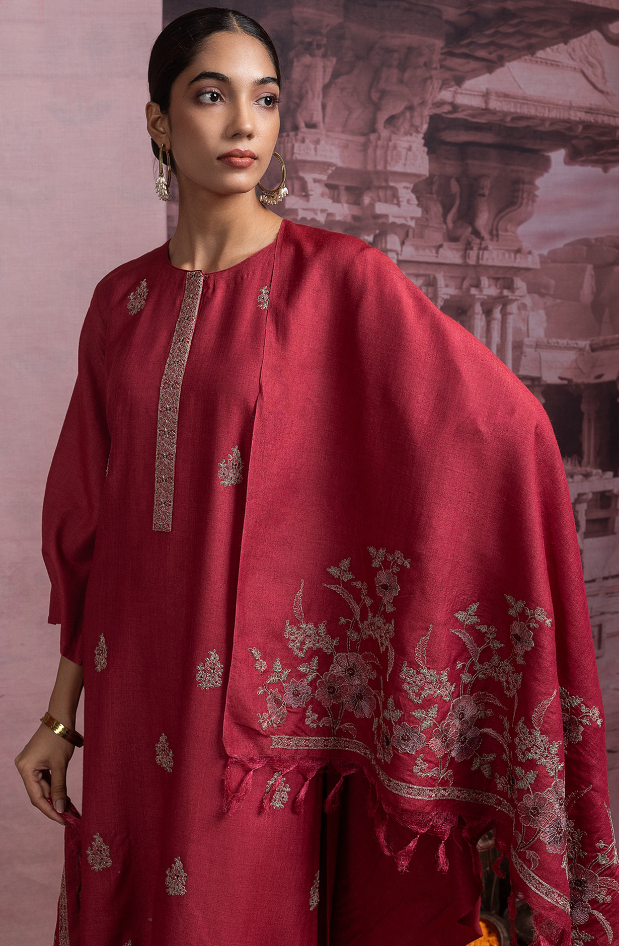 Maroon Pure Monga Tusser Silk Suit Set with Dupatta - R157-SPR2461A