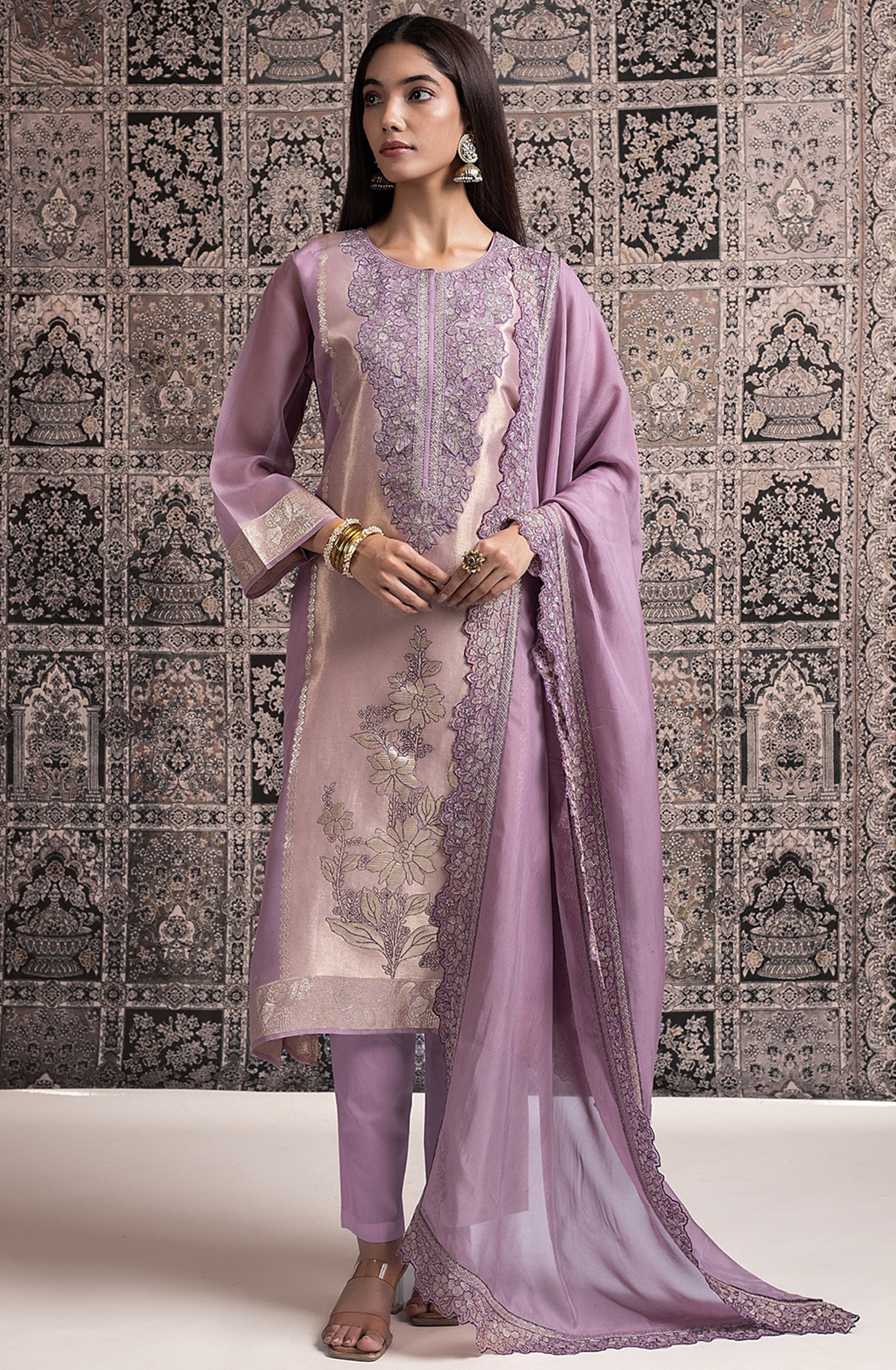 Mauve Silk Ziraf Jacquard Suit Set with Silk Tissue Dupatta - R157-SPR2476