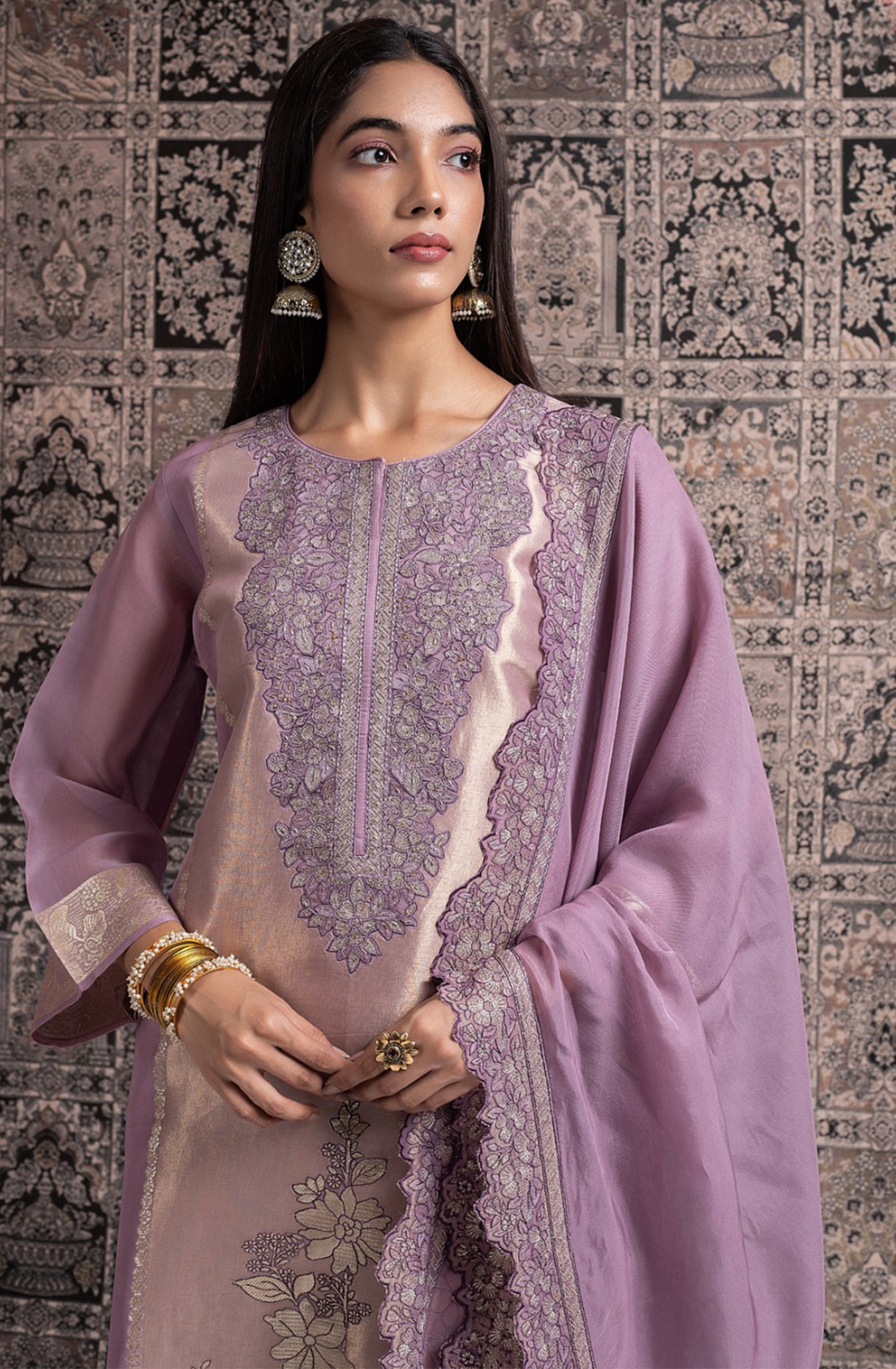 Mauve Silk Ziraf Jacquard Suit Set with Silk Tissue Dupatta - R157-SPR2476