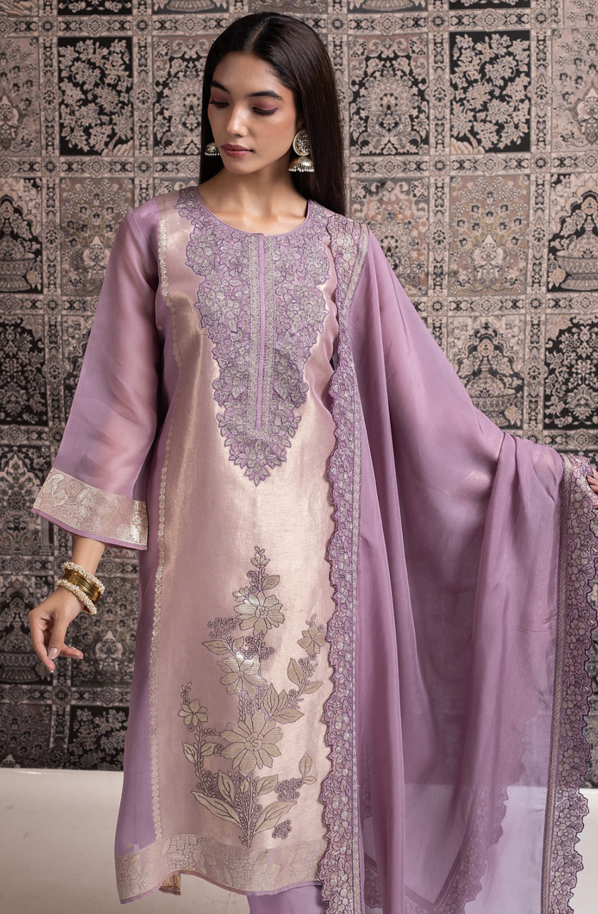 Mauve Silk Ziraf Jacquard Suit Set with Silk Tissue Dupatta - R157-SPR2476