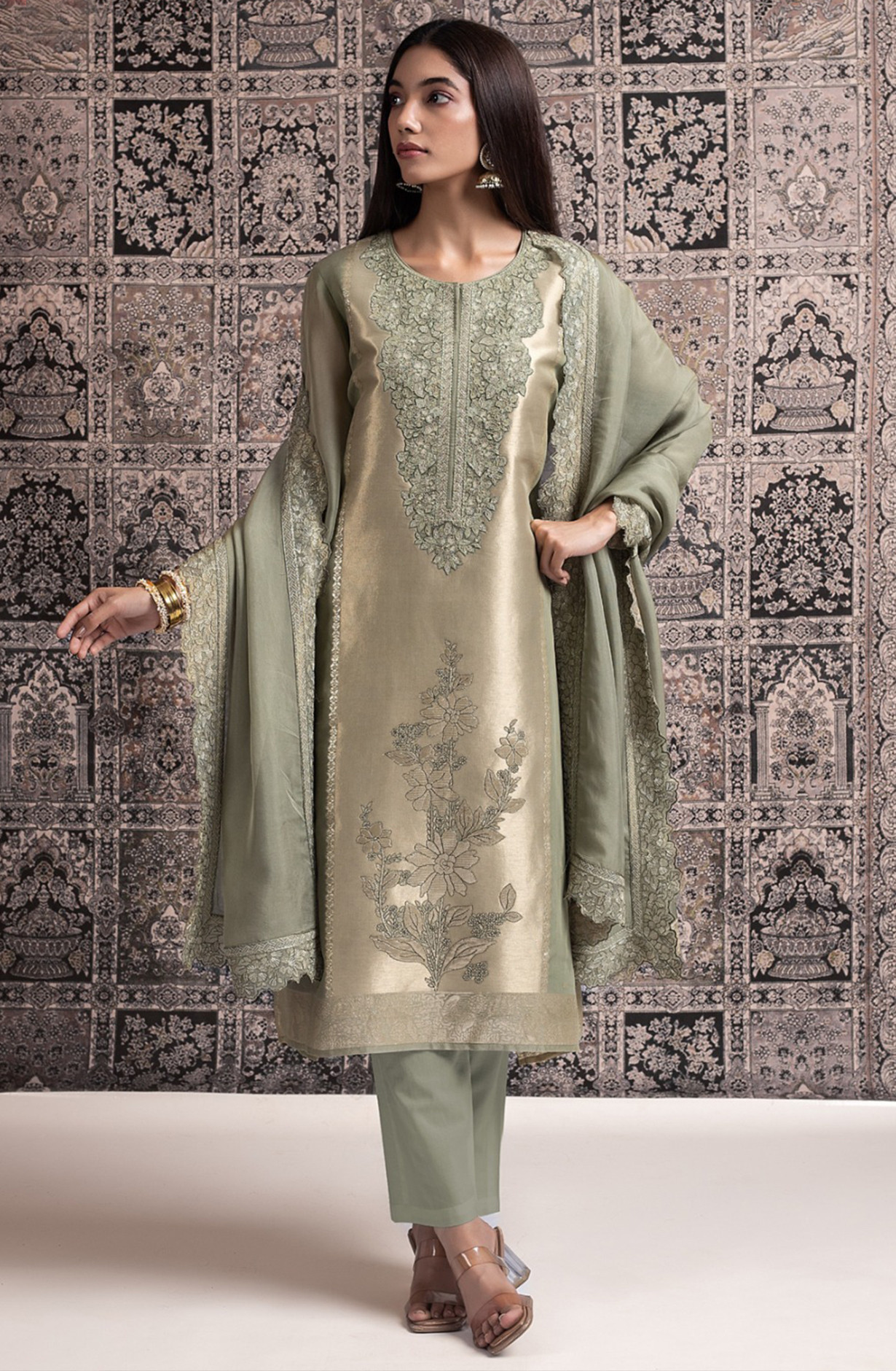 Green Silk Ziraf Jacquard Suit Set with Silk Tissue Dupatta - R157-SPR2476A