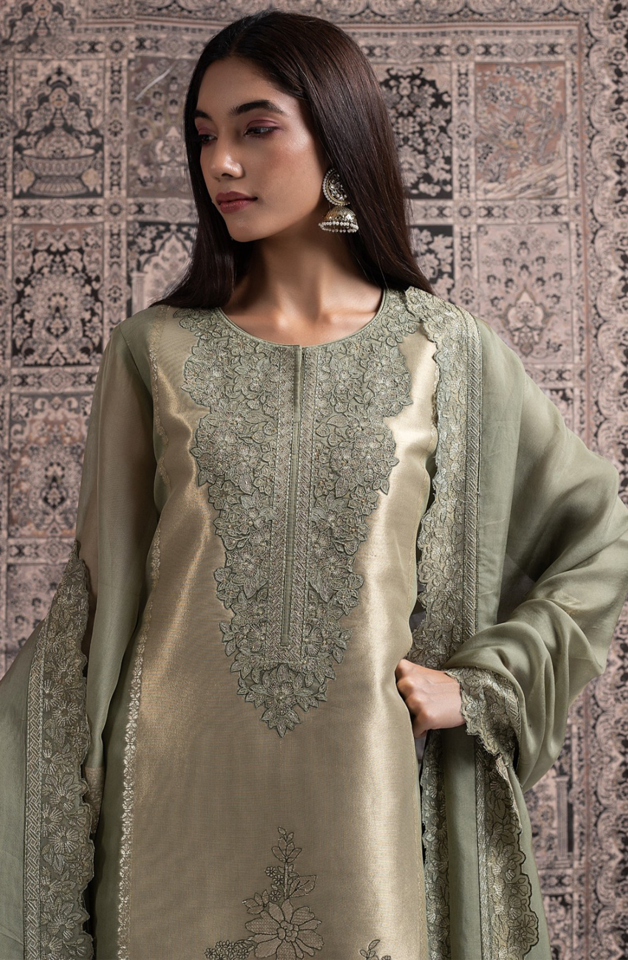 Green Silk Ziraf Jacquard Suit Set with Silk Tissue Dupatta - R157-SPR2476A