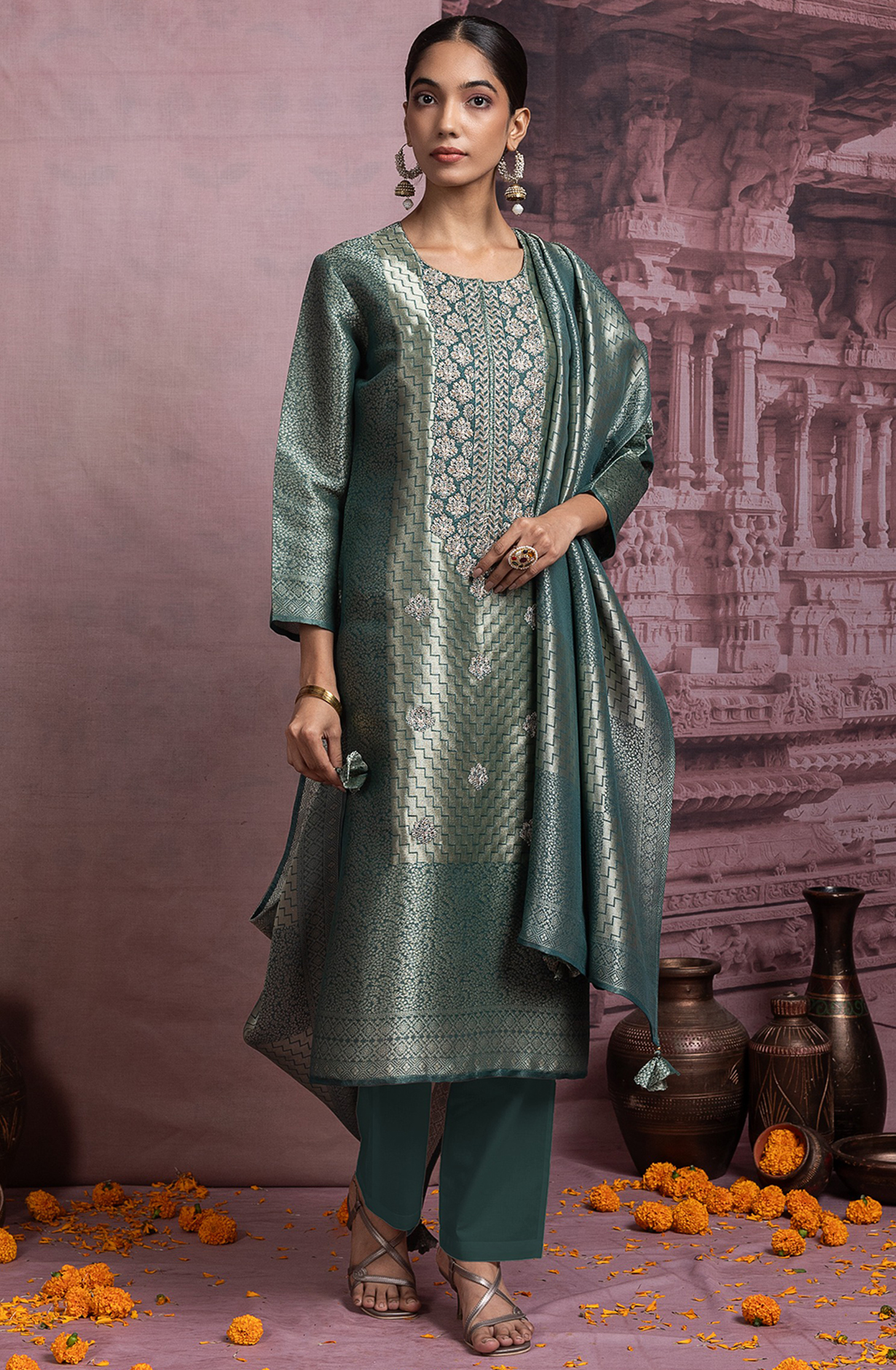 Green Ziraf Silk Jacquard Suit Set with Dupatta - R157-SPR2481
