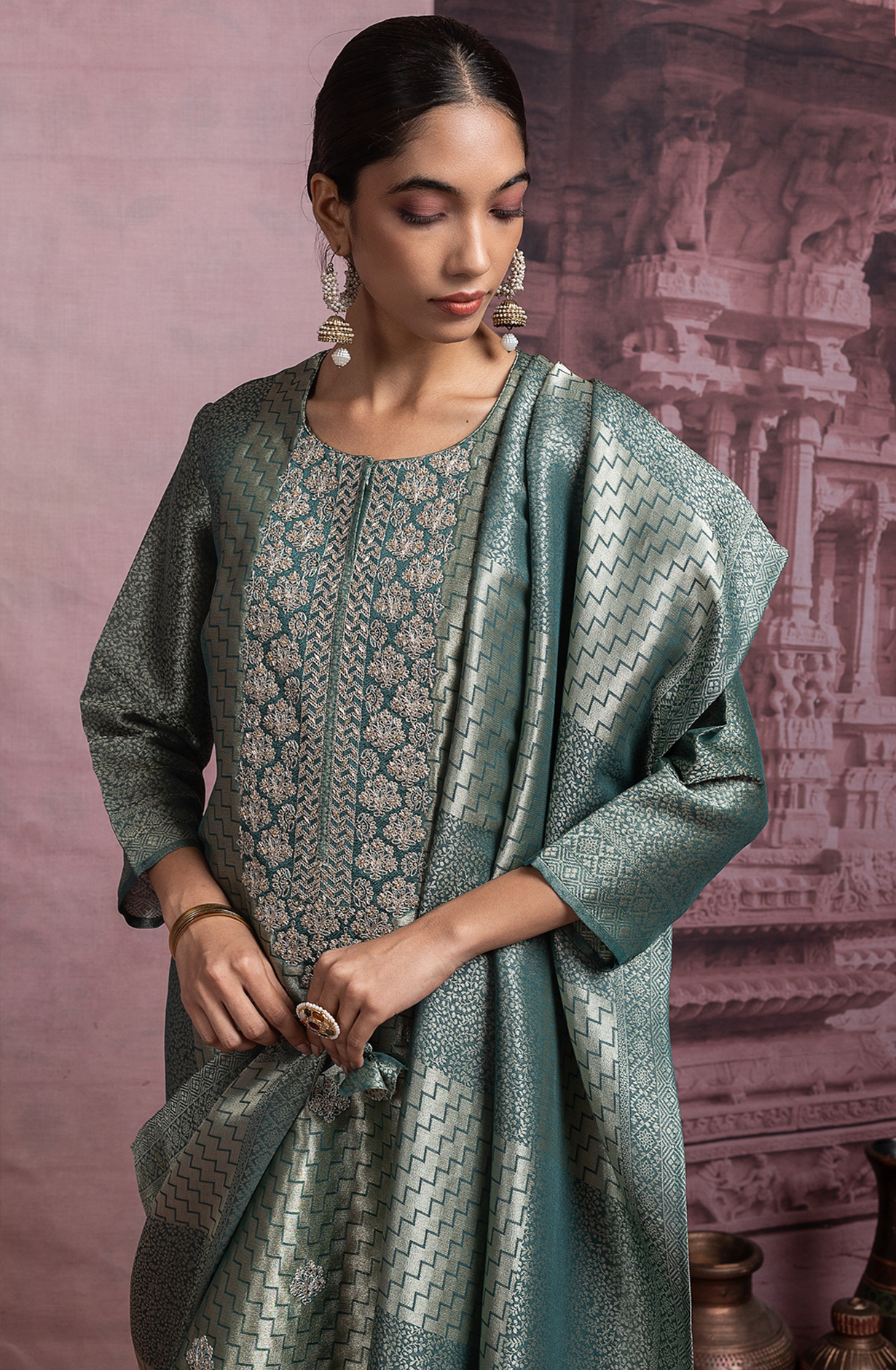 Green Ziraf Silk Jacquard Suit Set with Dupatta - R157-SPR2481