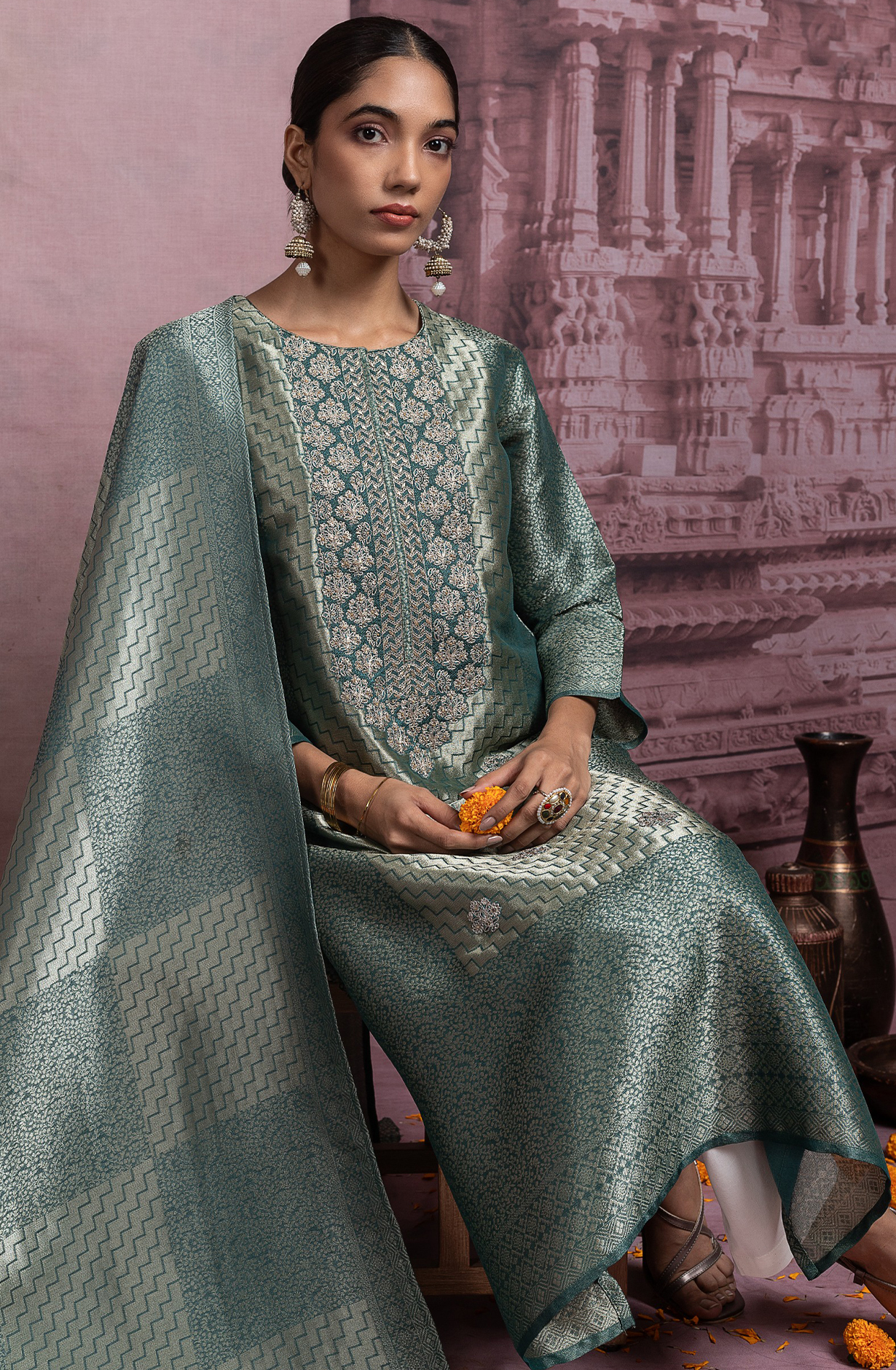 Green Ziraf Silk Jacquard Suit Set with Dupatta - R157-SPR2481