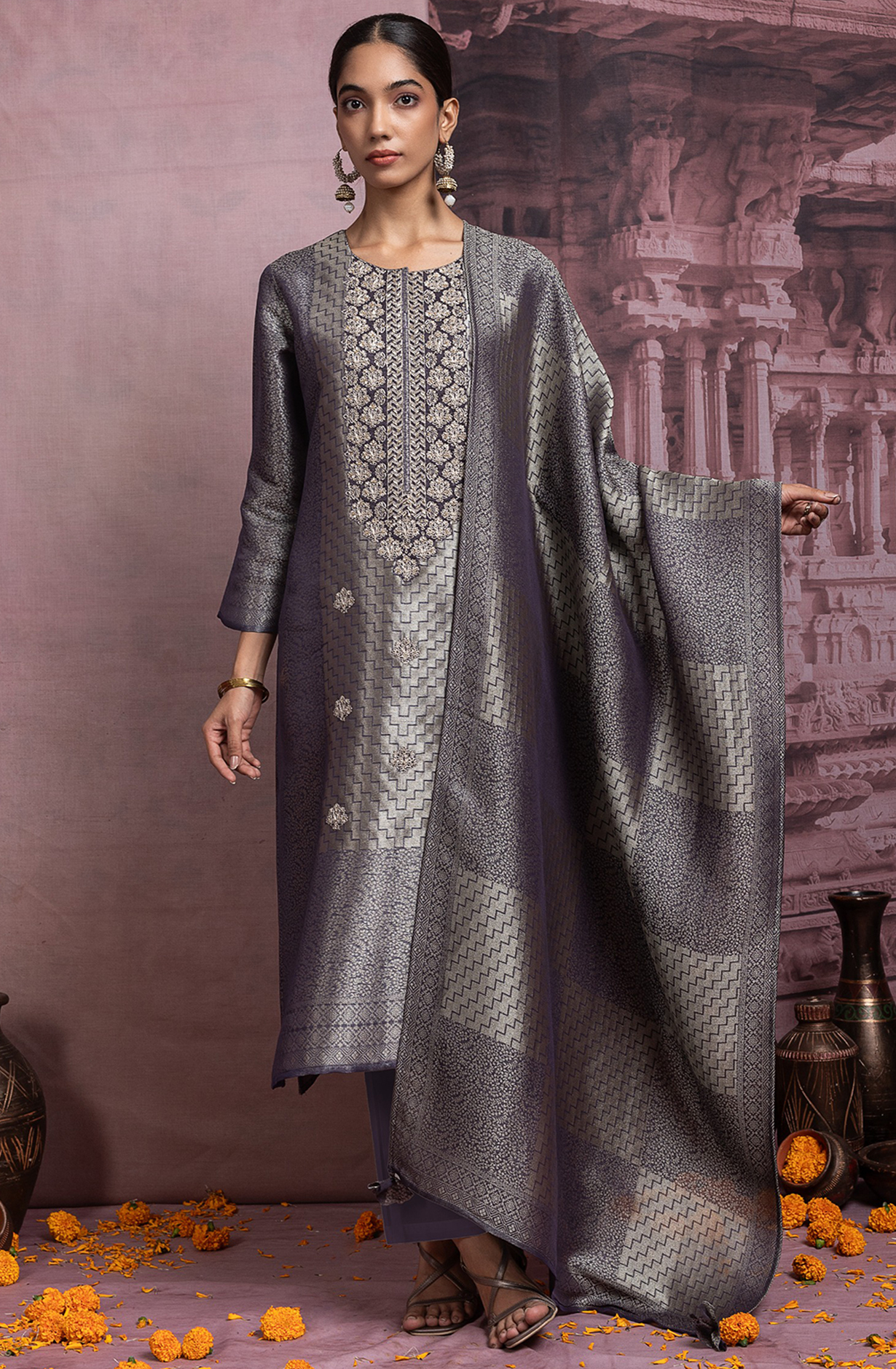Grey Ziraf Silk Jacquard Suit Set with Dupatta - R157-SPR2481A