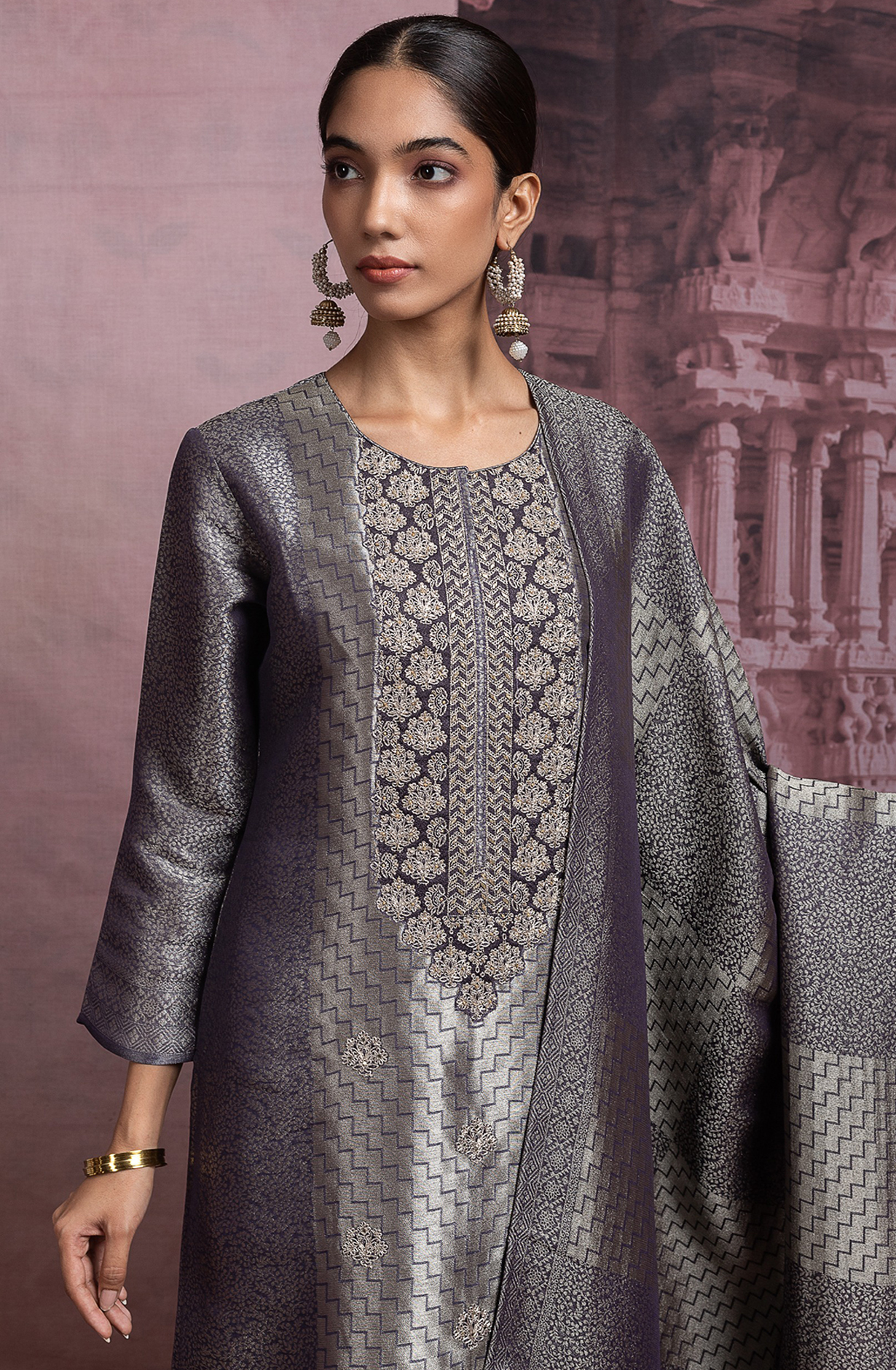 Grey Ziraf Silk Jacquard Suit Set with Dupatta - R157-SPR2481A