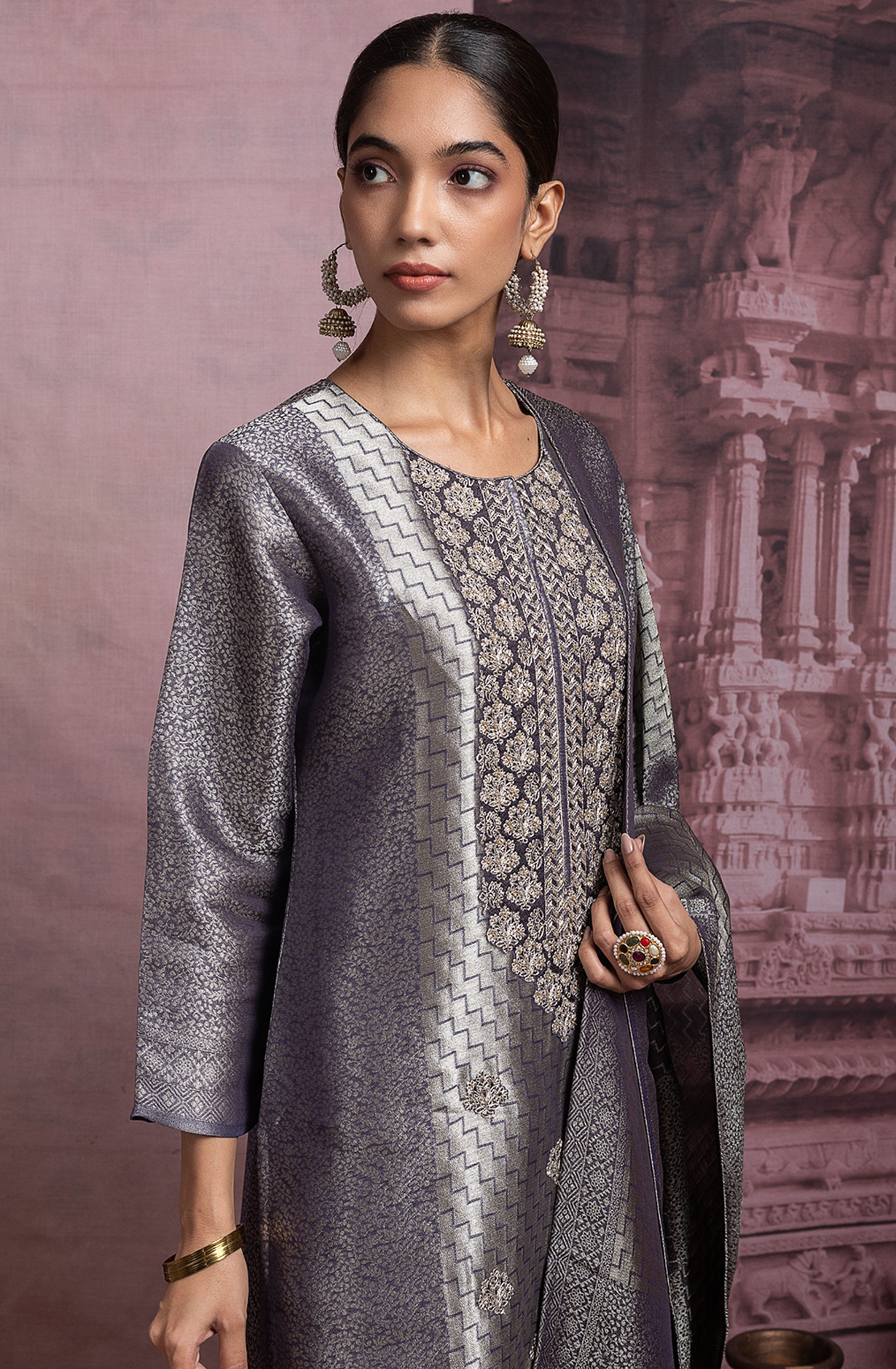 Grey Ziraf Silk Jacquard Suit Set with Dupatta - R157-SPR2481A