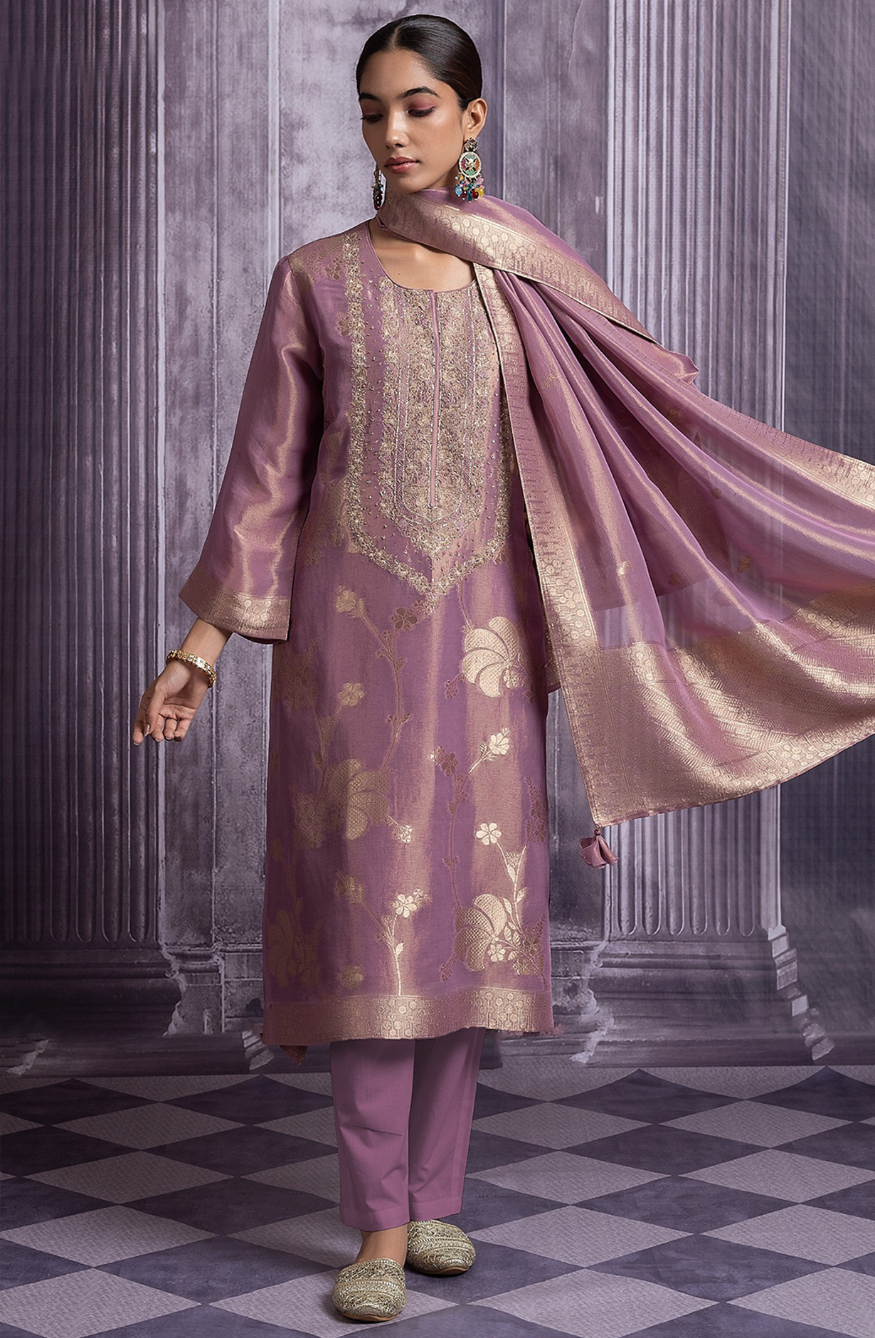 Mauve Silk Tissue Jacquard Suit Set with Silk Tissue Dupatta - R157-SPR2488