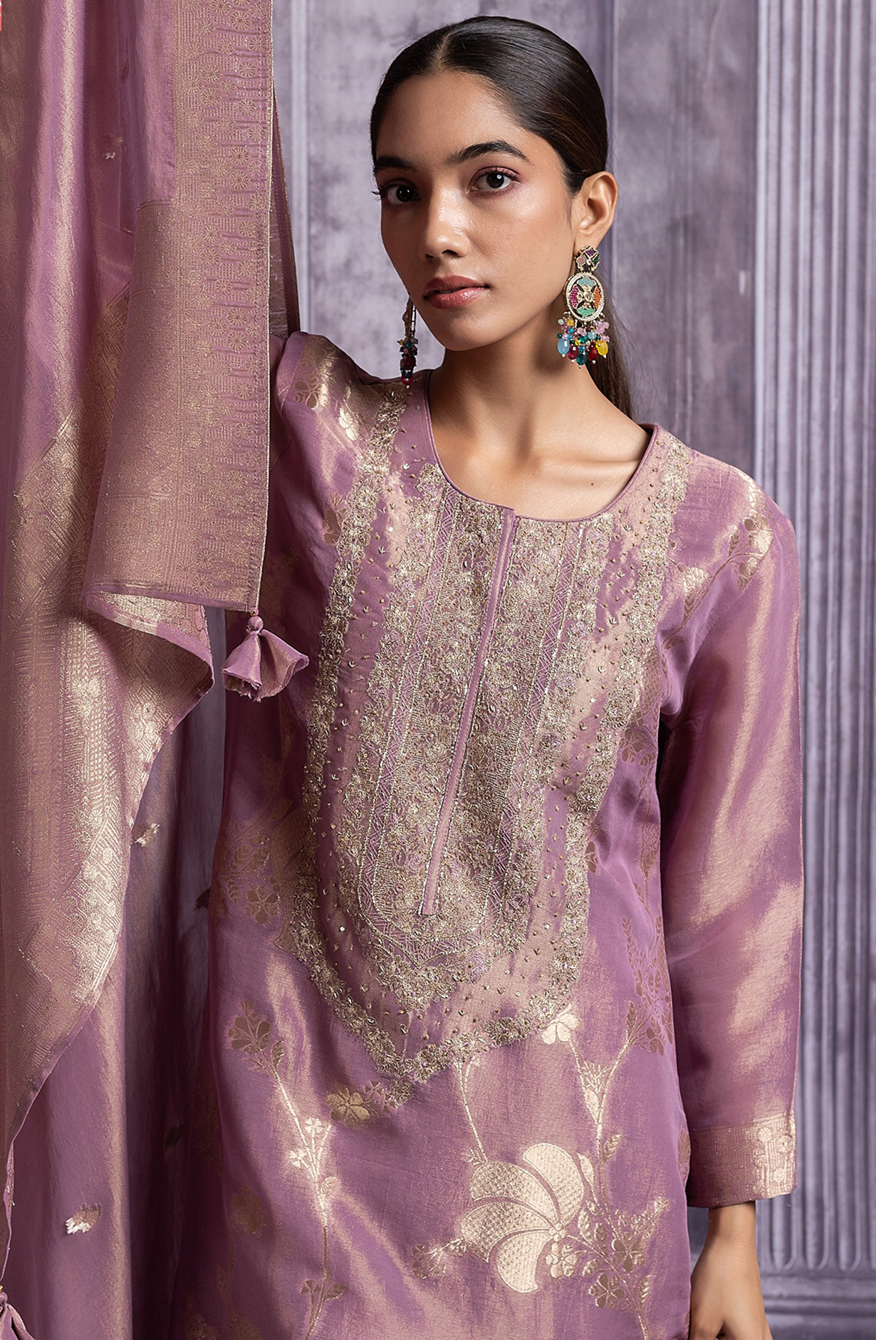Mauve Silk Tissue Jacquard Suit Set with Silk Tissue Dupatta - R157-SPR2488