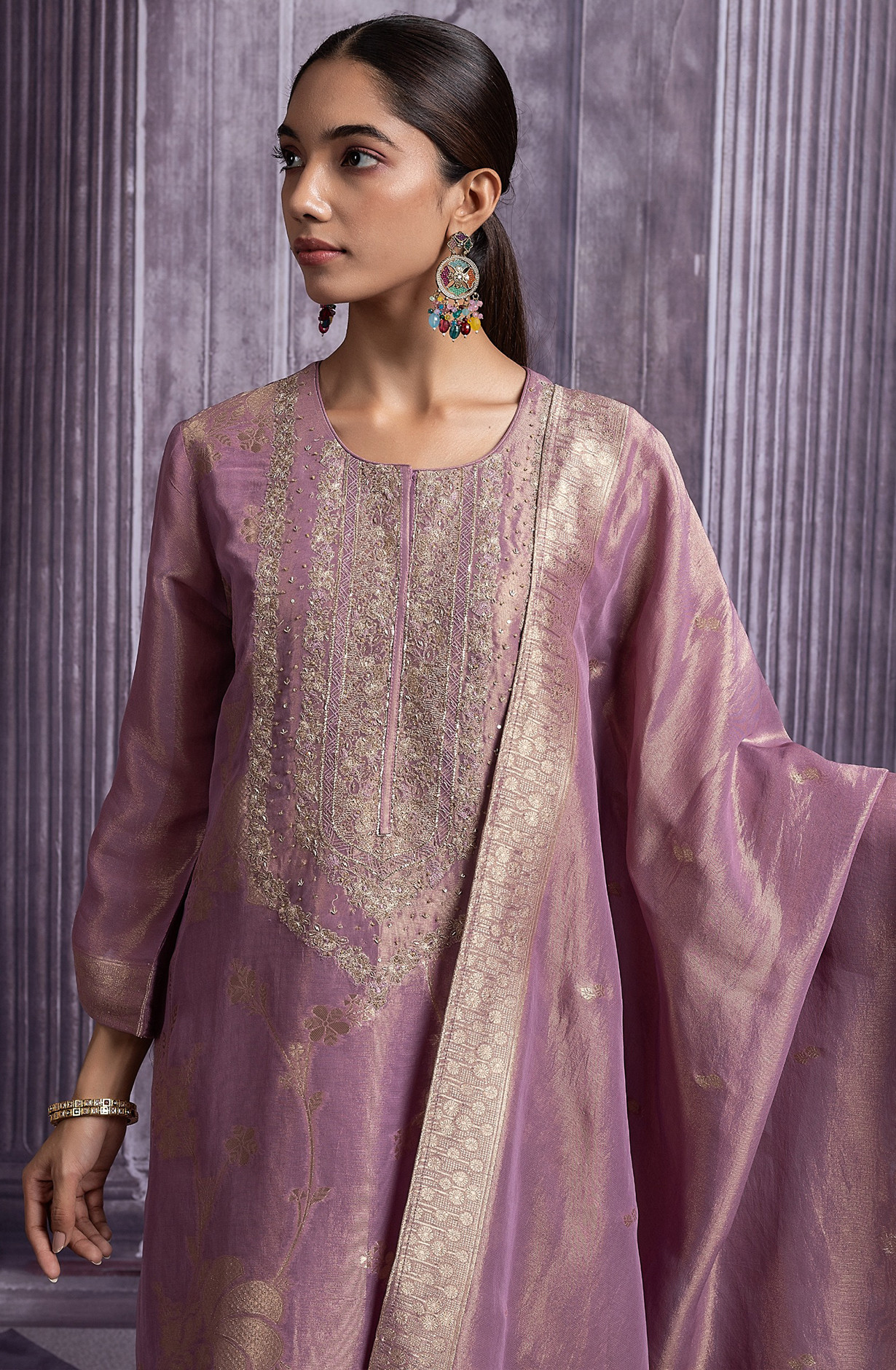Mauve Silk Tissue Jacquard Suit Set with Silk Tissue Dupatta - R157-SPR2488