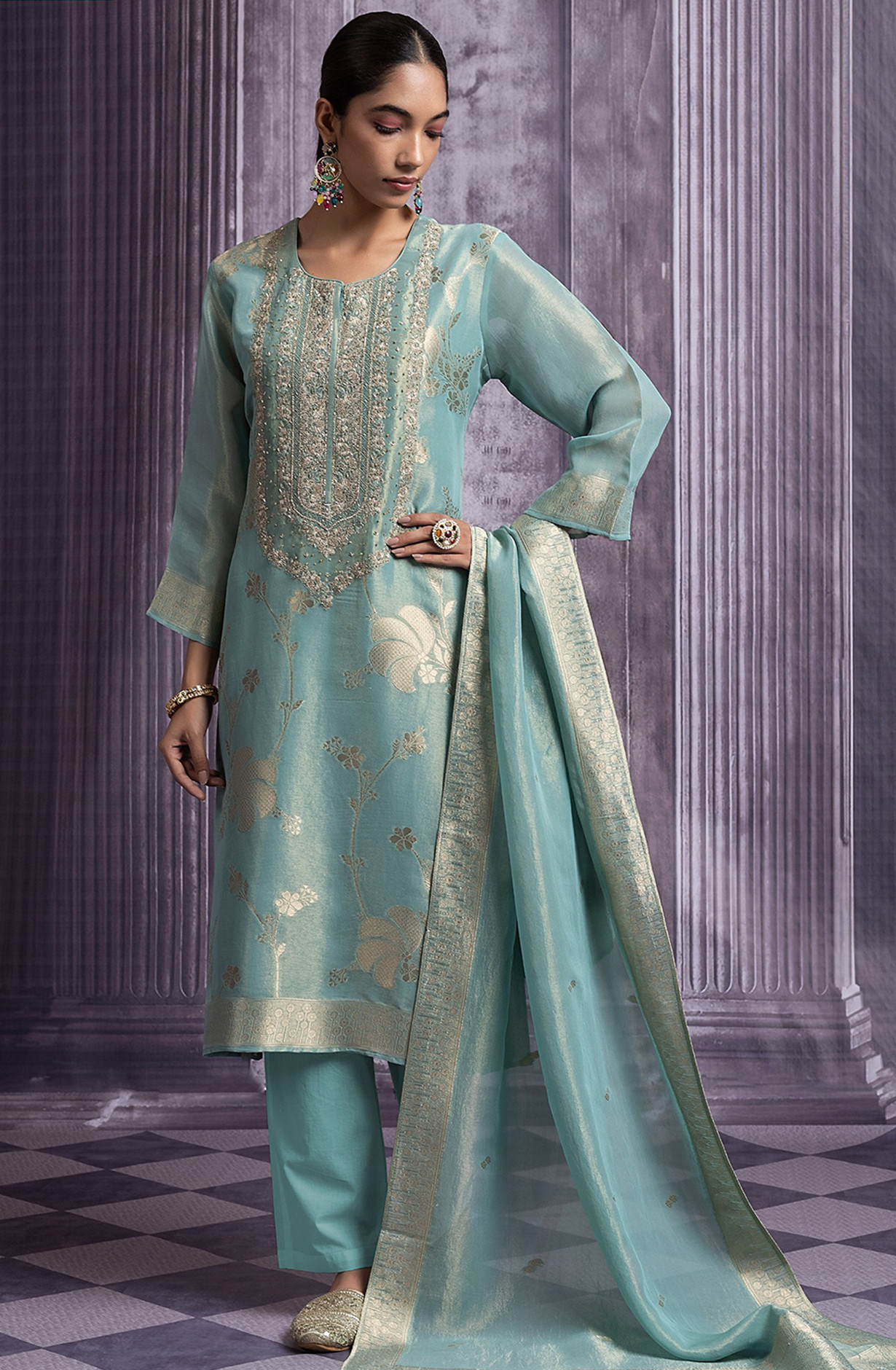 Green Silk Tissue Jacquard Suit Set with Silk Tissue Dupatta - R157-SPR2488A