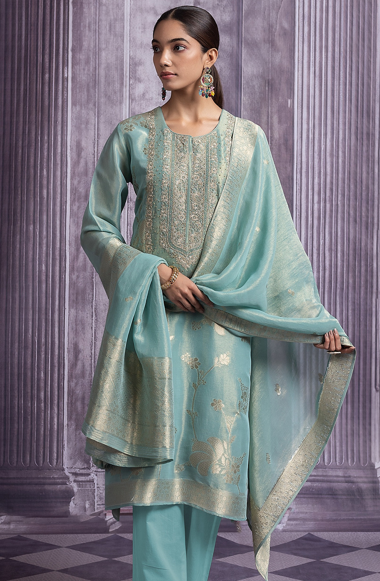 Green Silk Tissue Jacquard Suit Set with Silk Tissue Dupatta - R157-SPR2488A