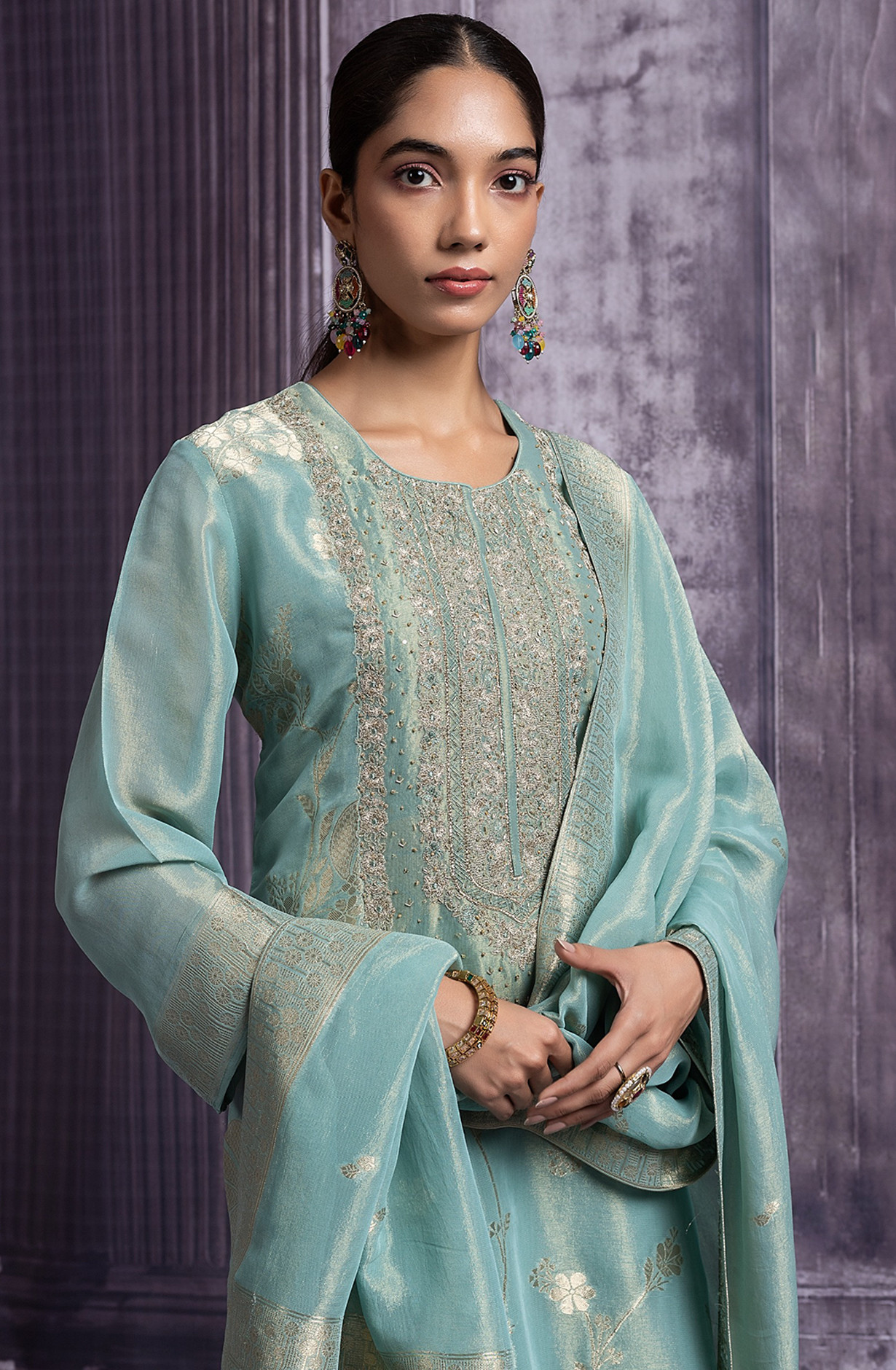 Green Silk Tissue Jacquard Suit Set with Silk Tissue Dupatta - R157-SPR2488A