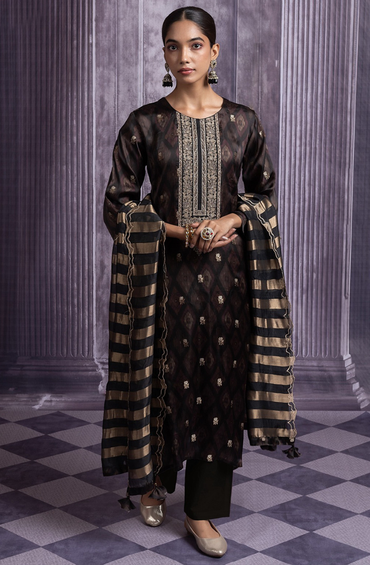Black Silk Jacquard Suit Set with Organza Silk Dupatta - R157-SPR2491A