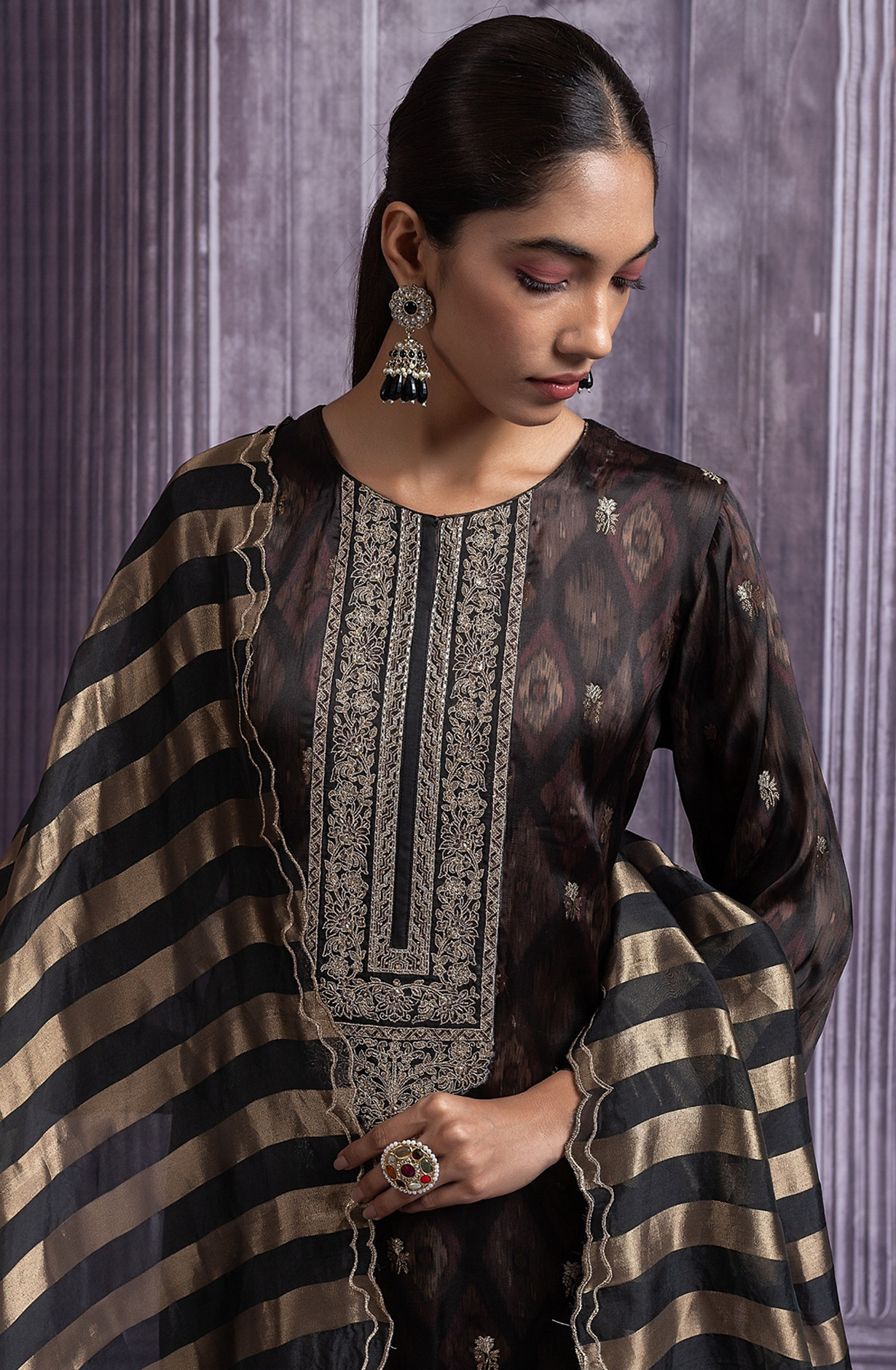 Black Silk Jacquard Suit Set with Organza Silk Dupatta - R157-SPR2491A